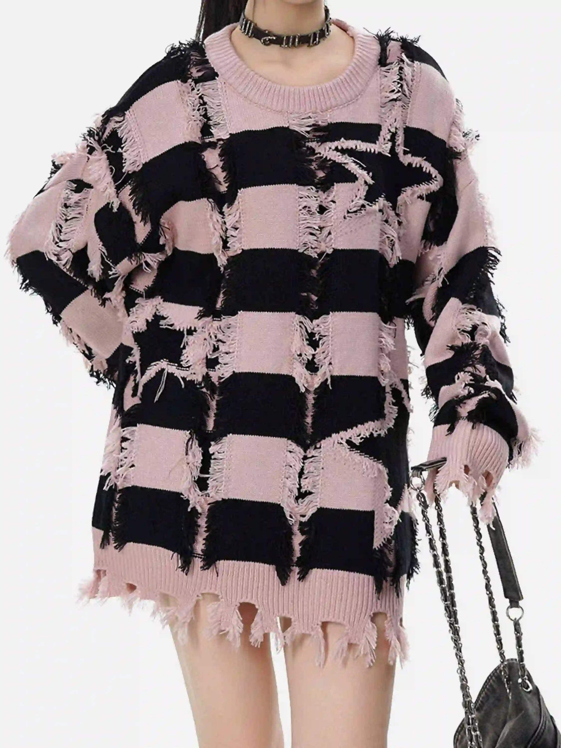 Disguisen Street Star Stripe Whisker Ripped Crew Neck Sweater