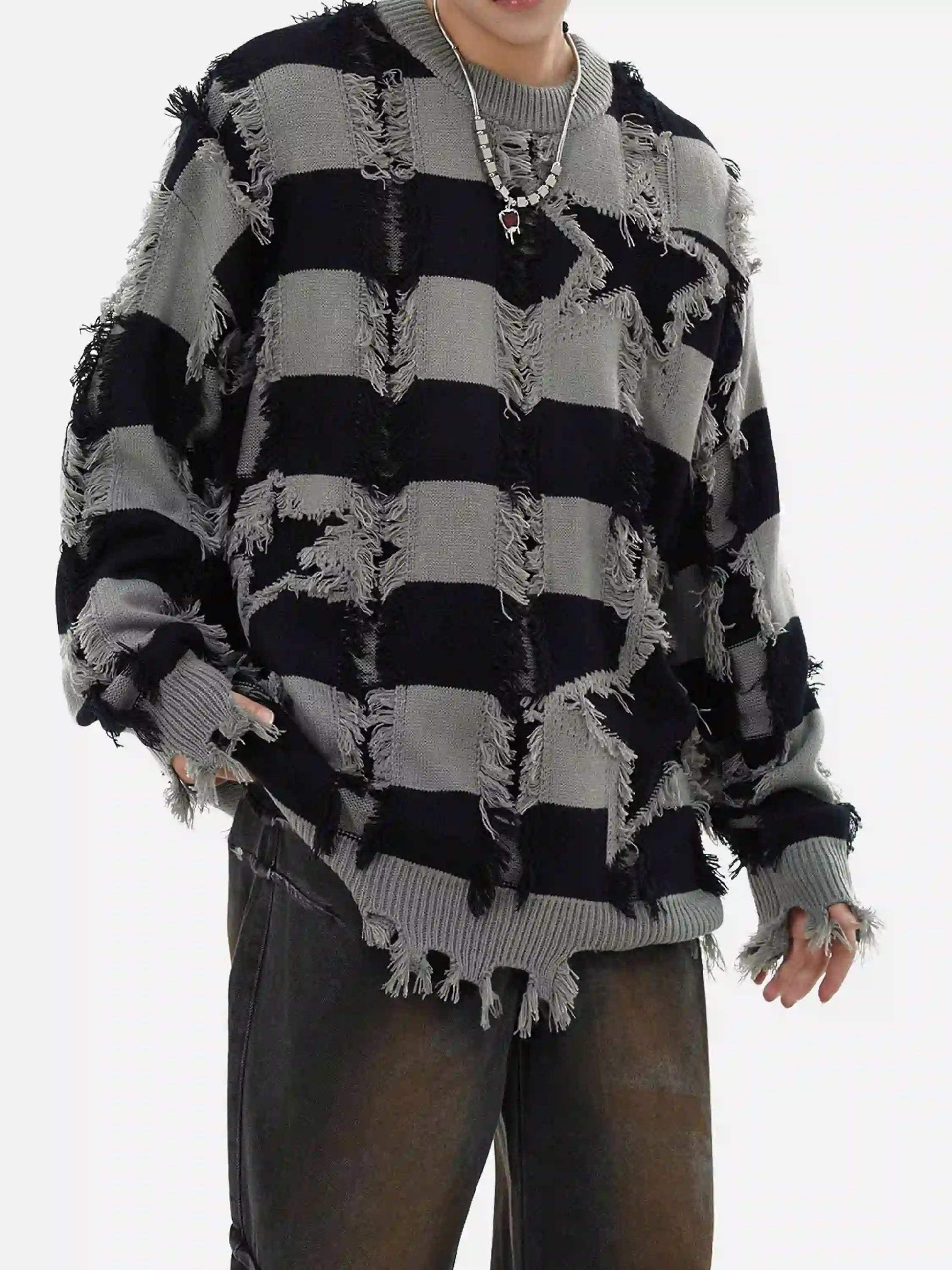 Disguisen Street Star Stripe Whisker Ripped Crew Neck Sweater