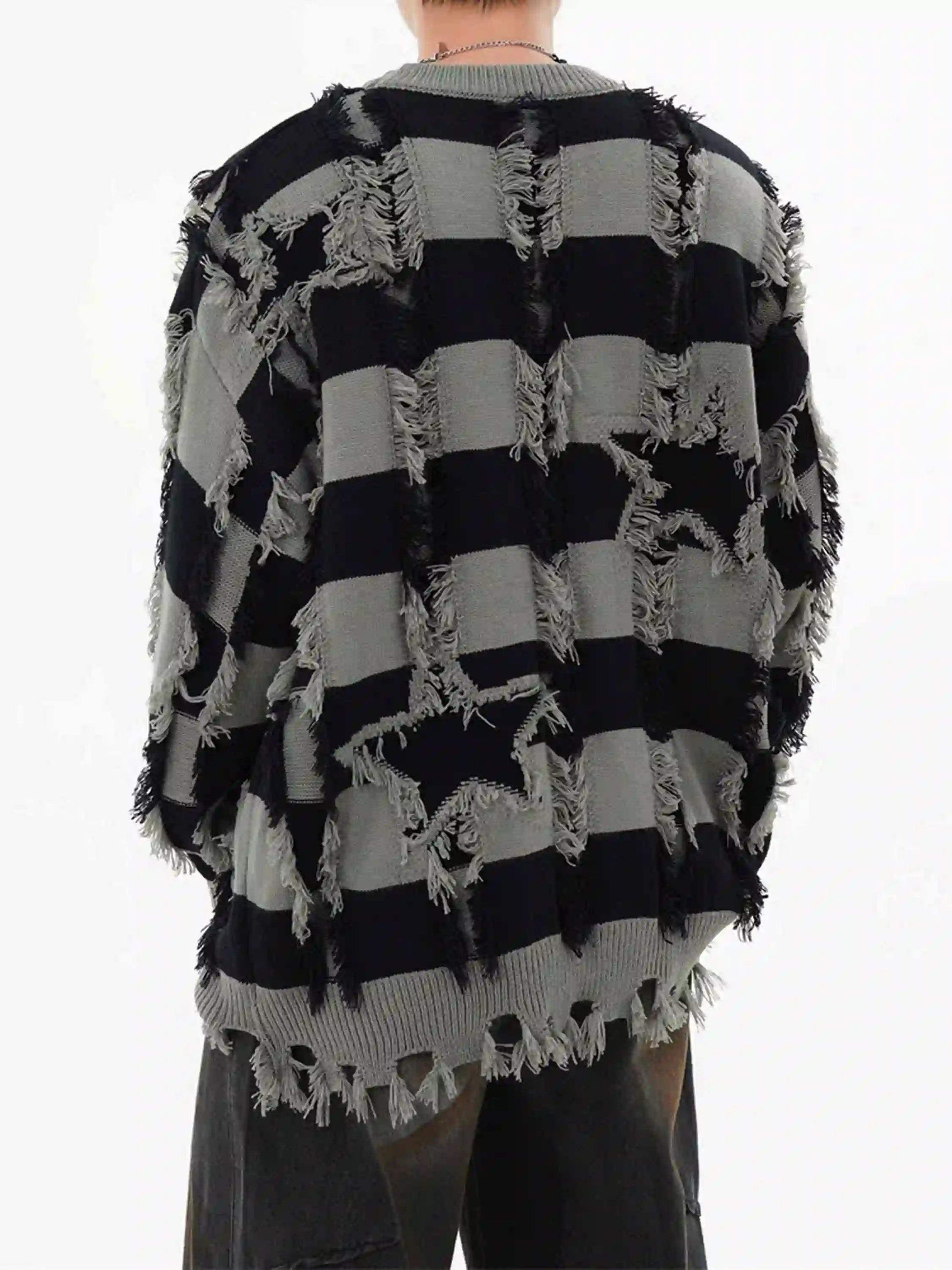 Disguisen Street Star Stripe Whisker Ripped Crew Neck Sweater