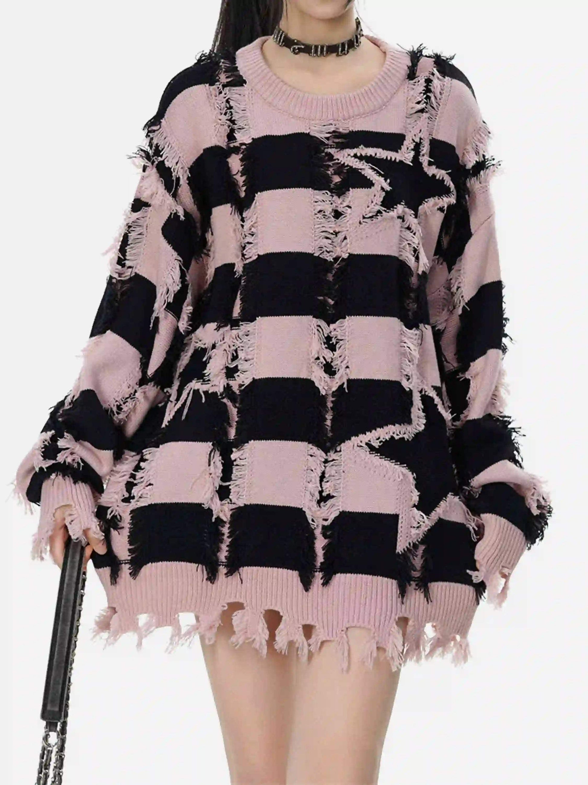 Disguisen Street Star Stripe Whisker Ripped Crew Neck Sweater