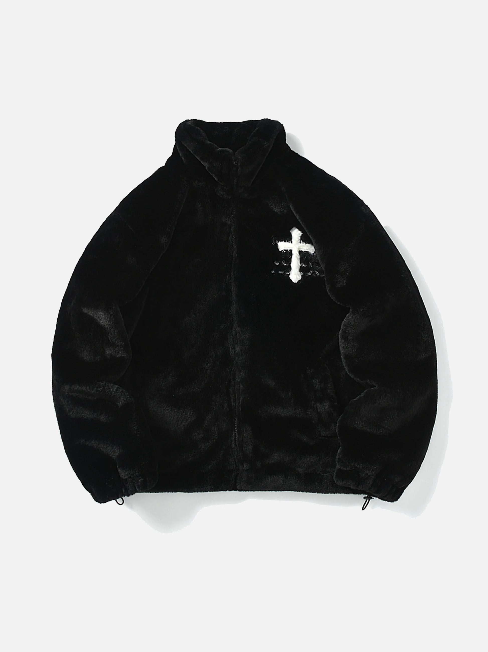 Cross Embroidered Sherpa Stand Collar Coat