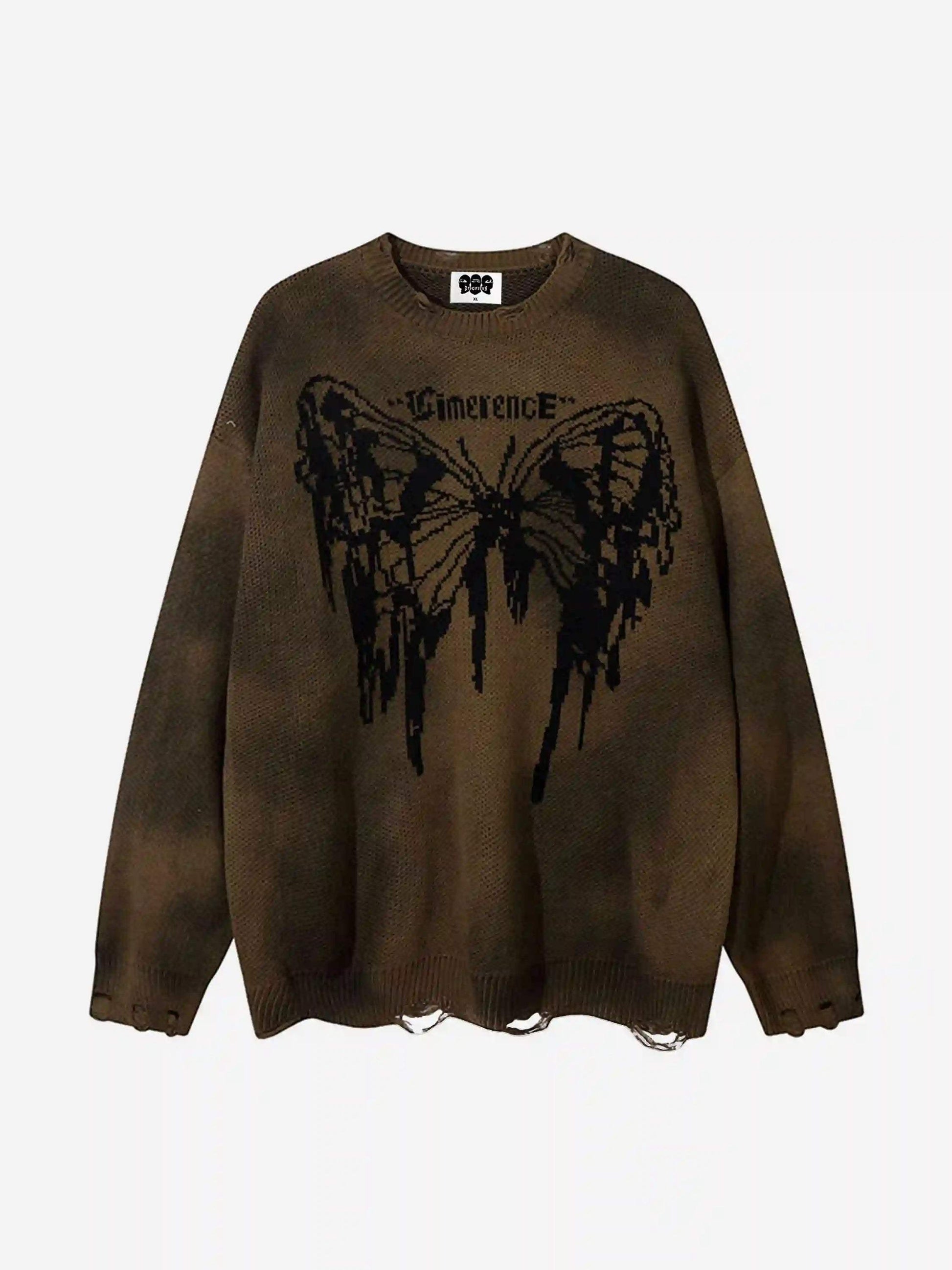 Disguisen Hip-Hop Lazy Style Butterfly Jacquard Ripped Sweater