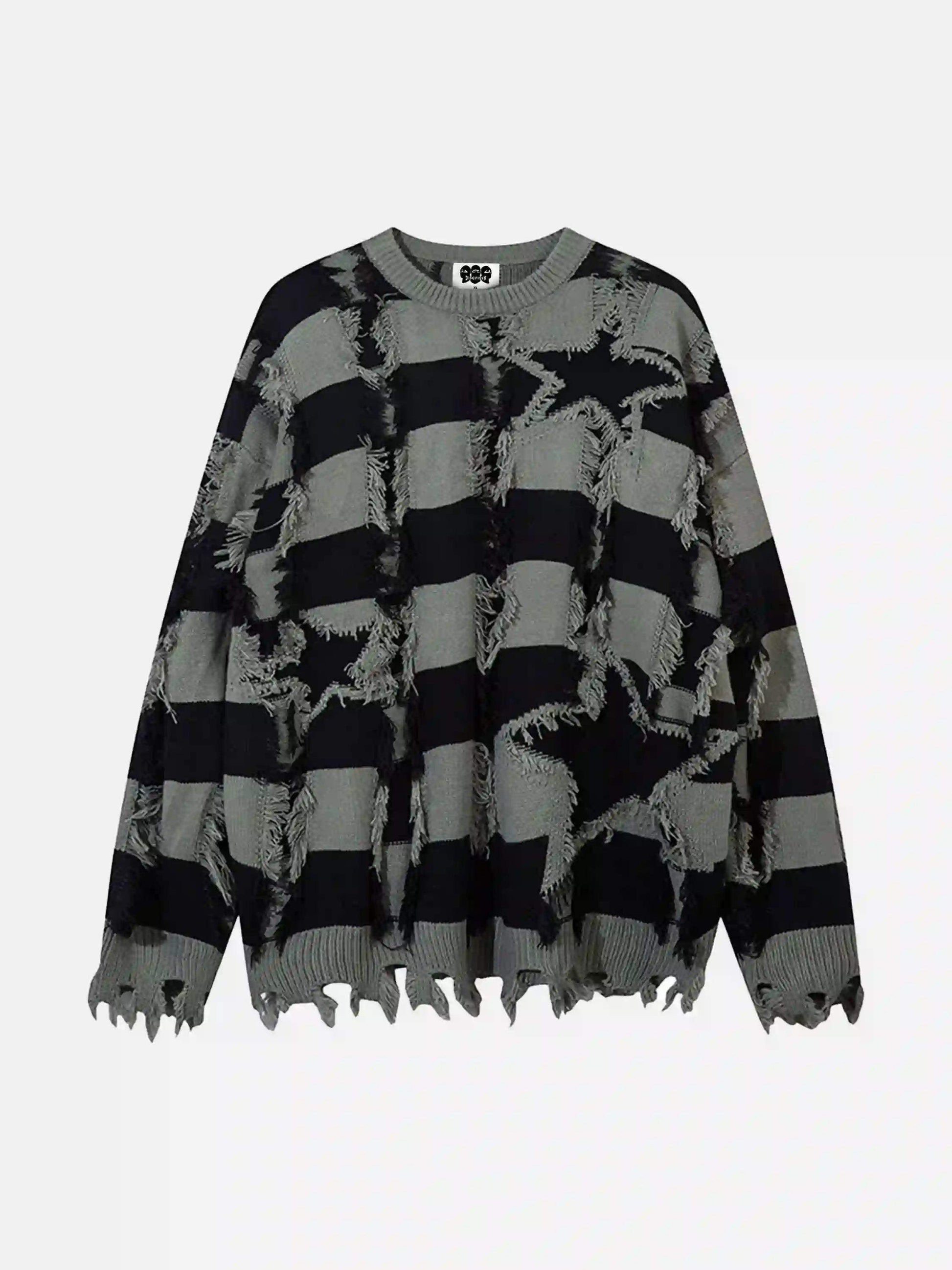 Disguisen Street Star Stripe Whisker Ripped Crew Neck Sweater