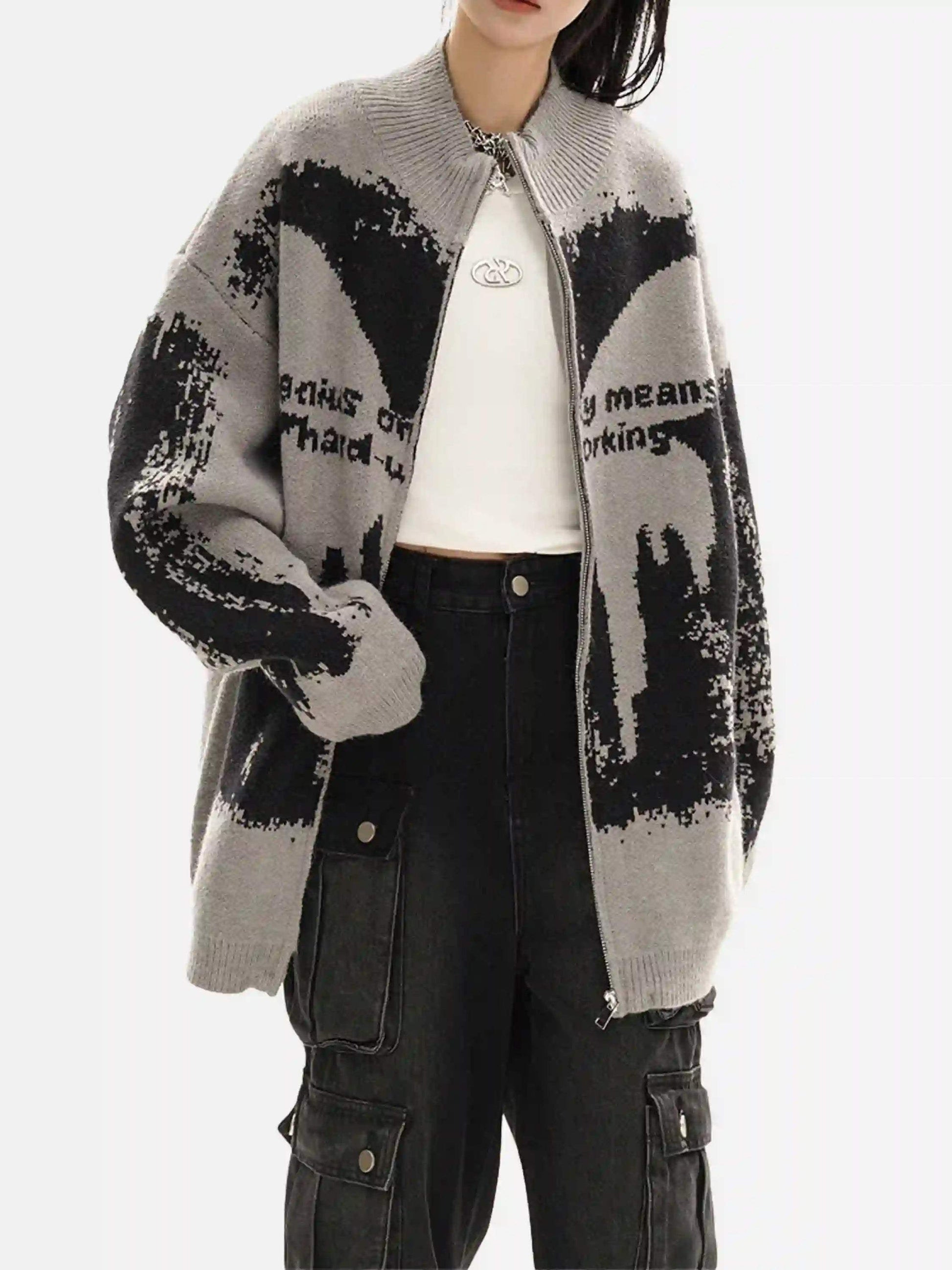 Disguisen High Street Abstract Pattern Zipper Stand Collar Cardigan