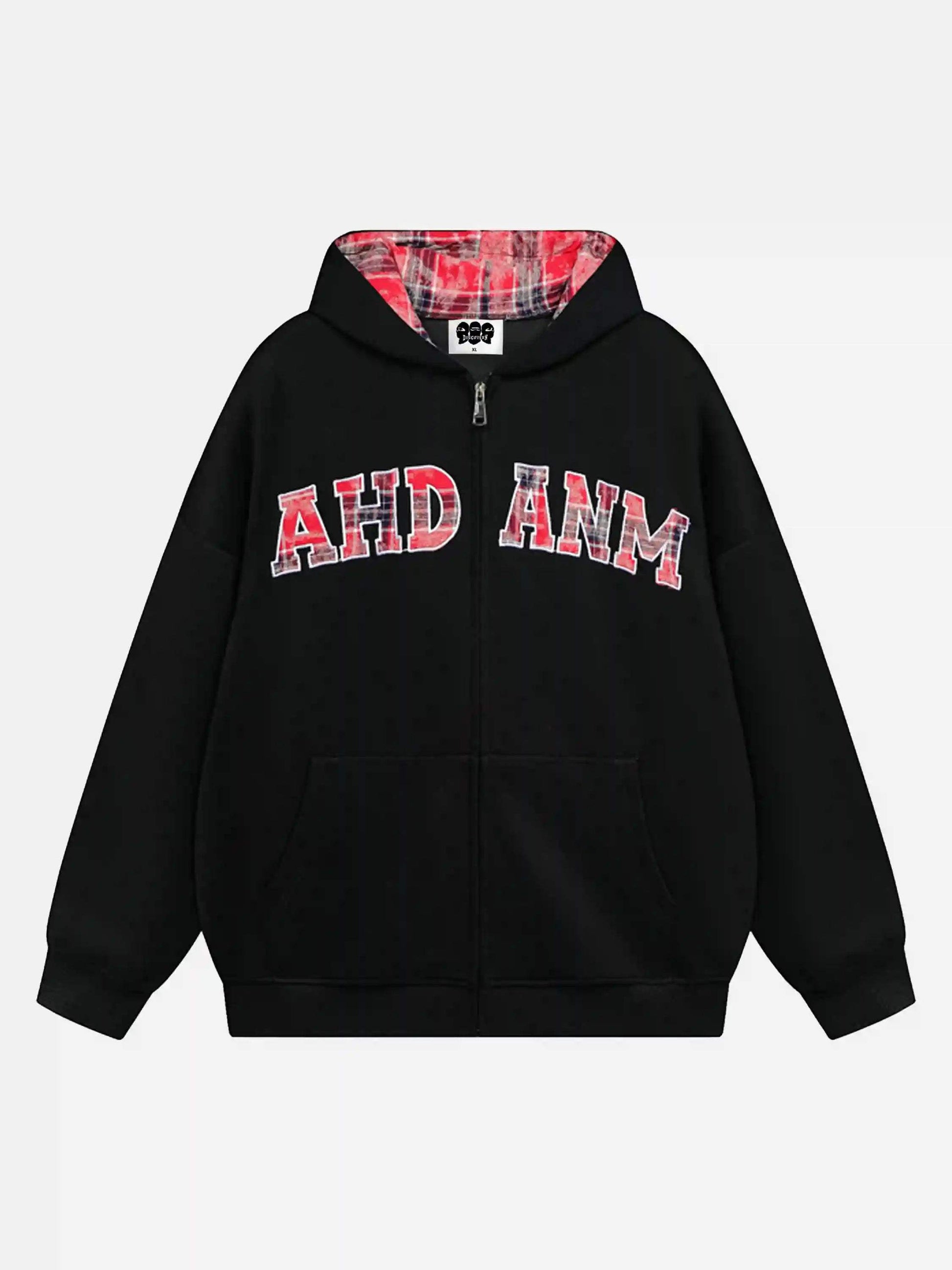 Disguisen Campus Style Plaid Embroidered Cardigan Hoodie