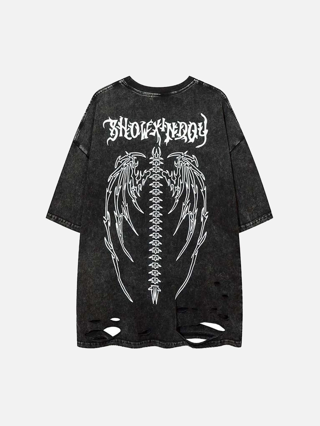 T-shirt déchiré avec ailes de crâne et motif hip-hop américain
