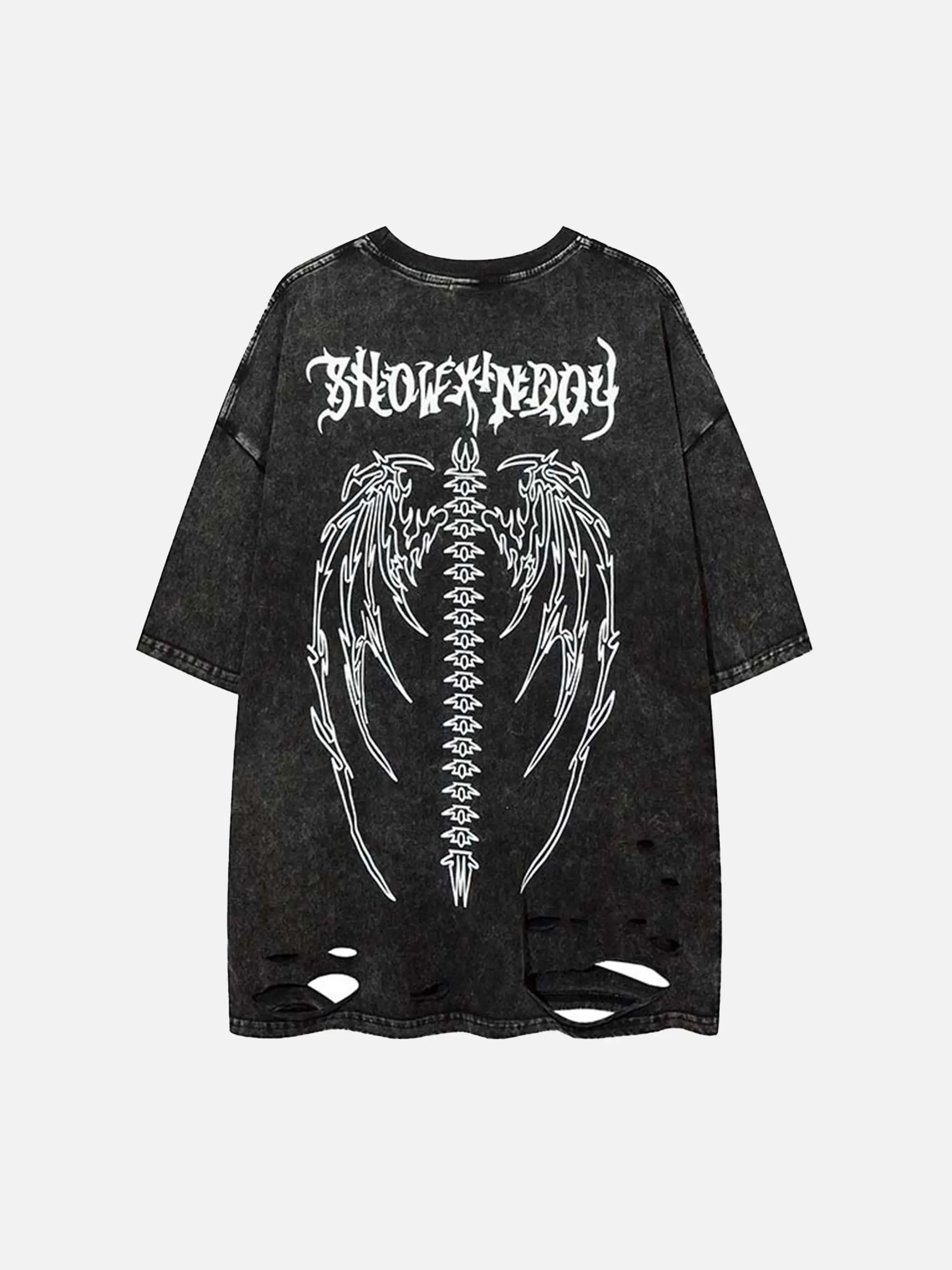 T-shirt déchiré avec ailes de crâne et motif hip-hop américain