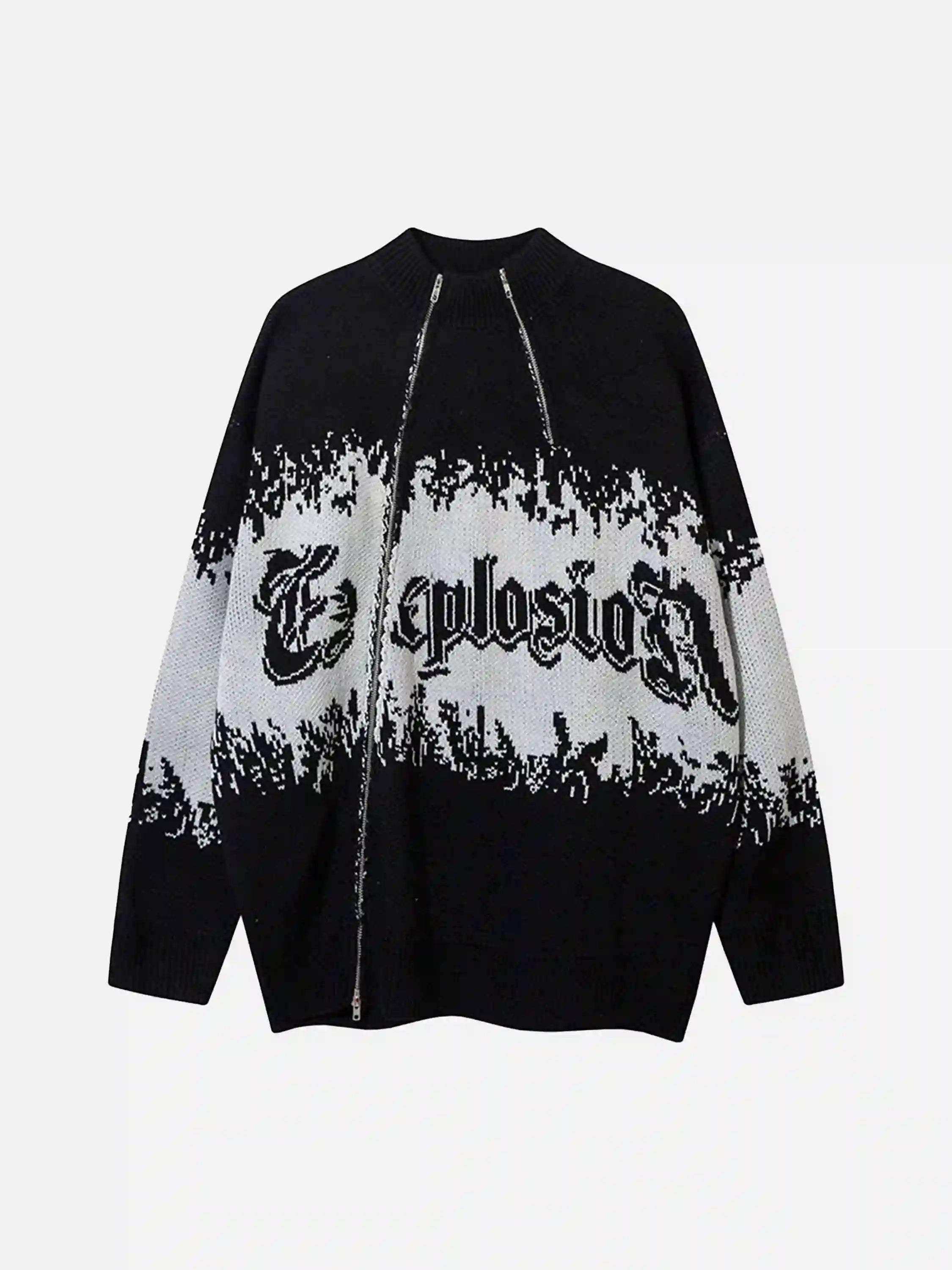 Disguisen Asymmetric Jacquard Stitching With Two-Way Zipper Sweater