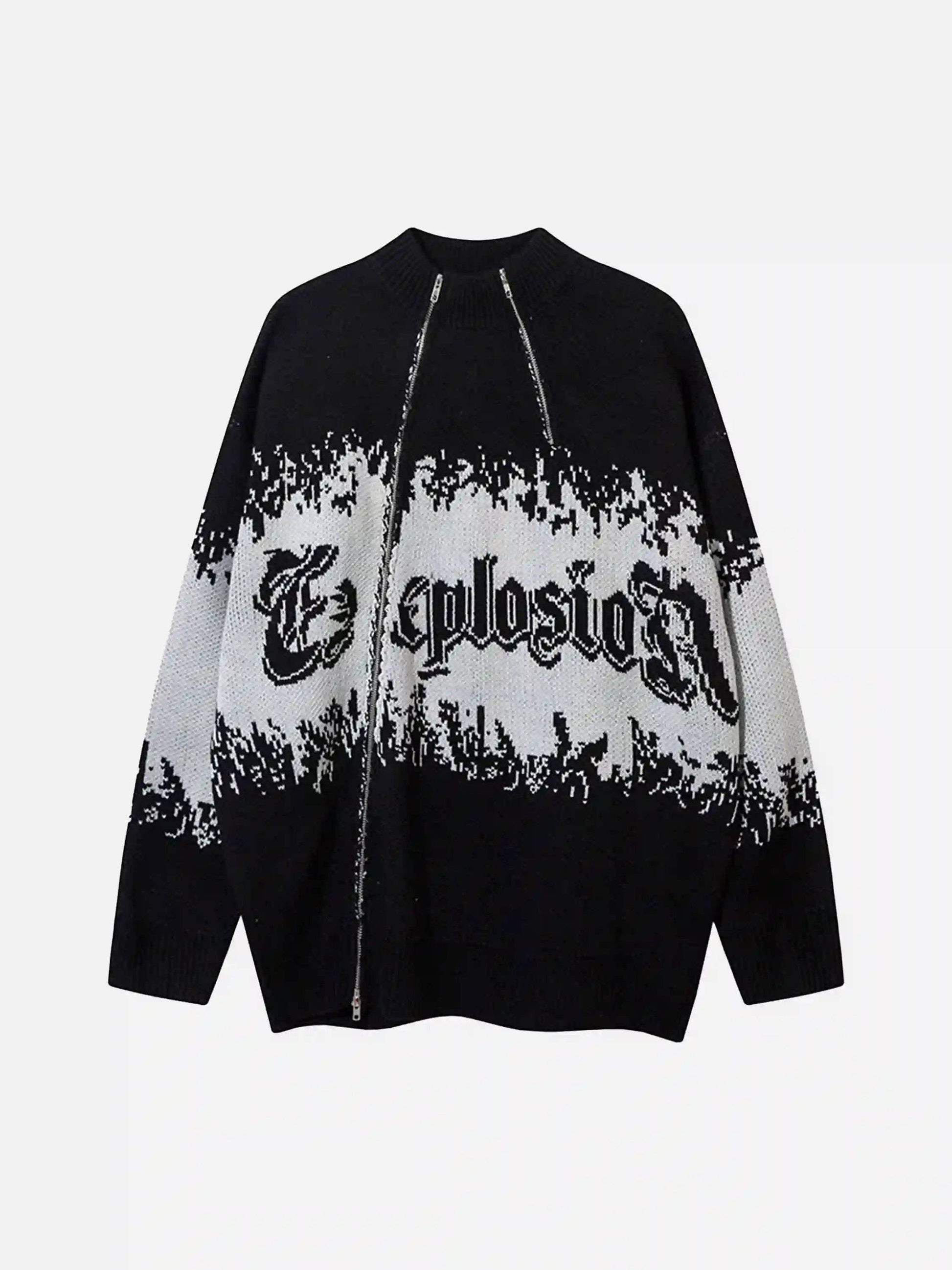 Disguisen Asymmetric Jacquard Stitching With Two-Way Zipper Sweater