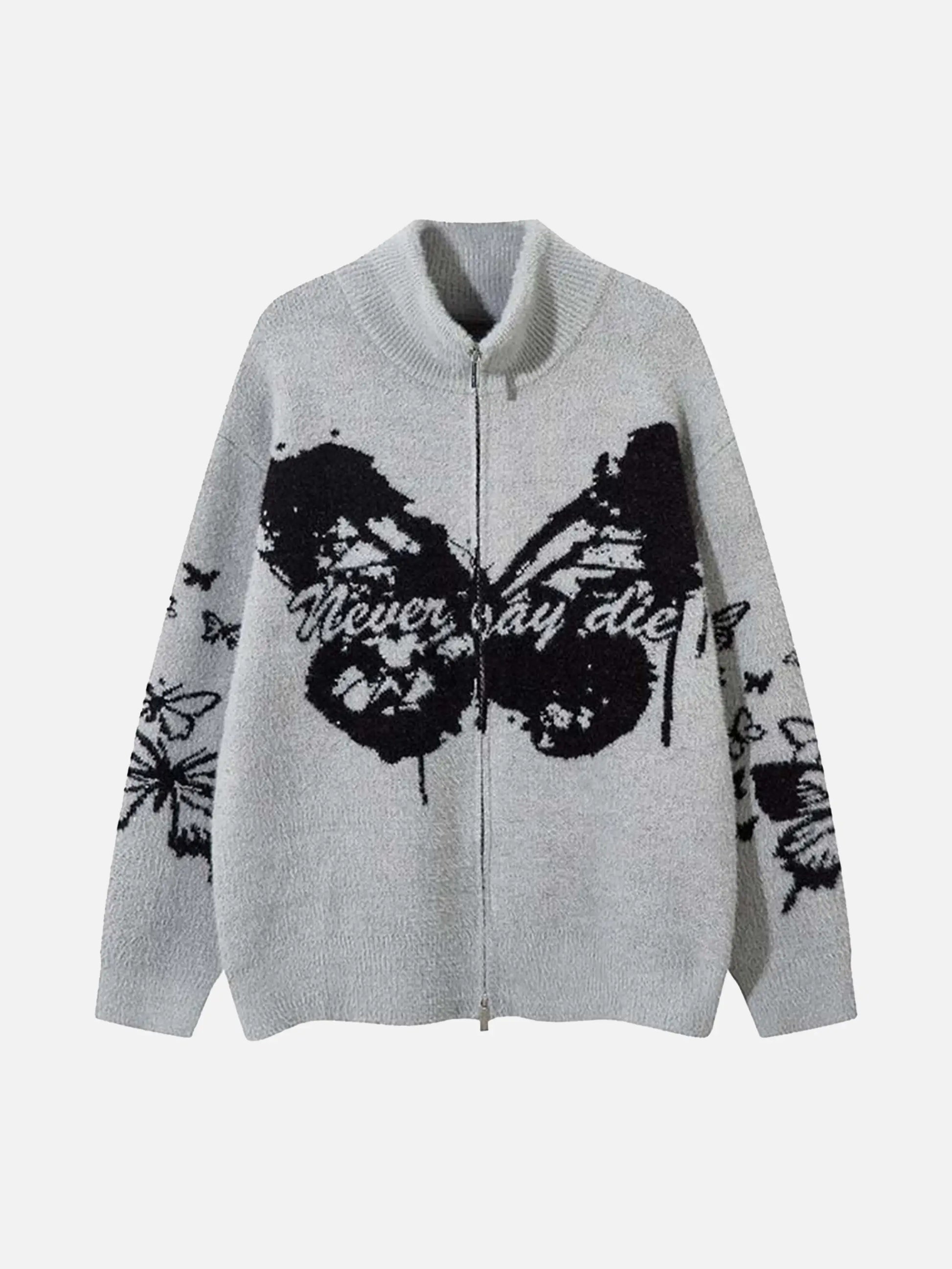 Hand-Painted Slogan Butterfly Jacquard Cardigan