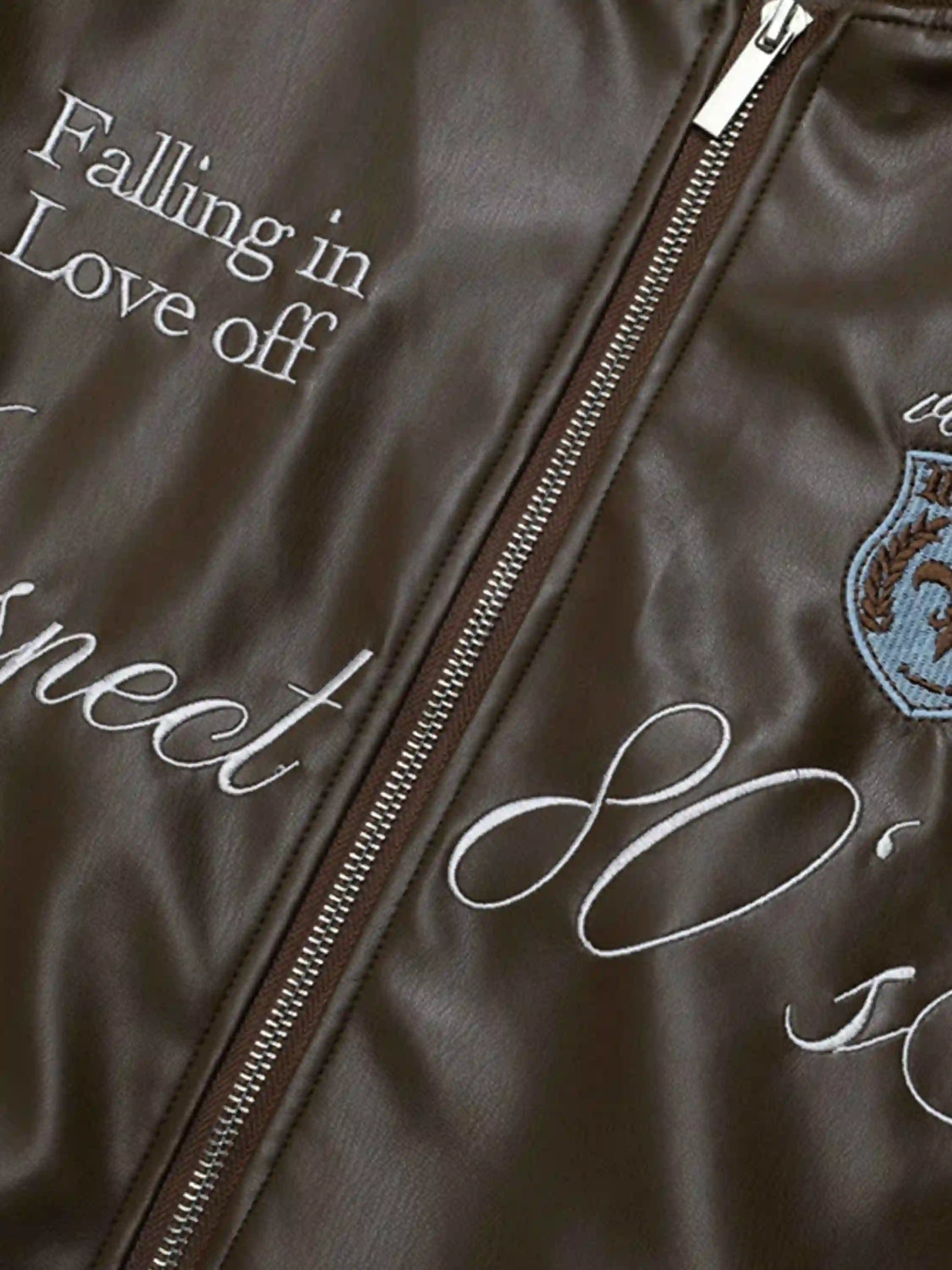 Disguisen Letter Embroidery Colorblock PU Leather Jacket