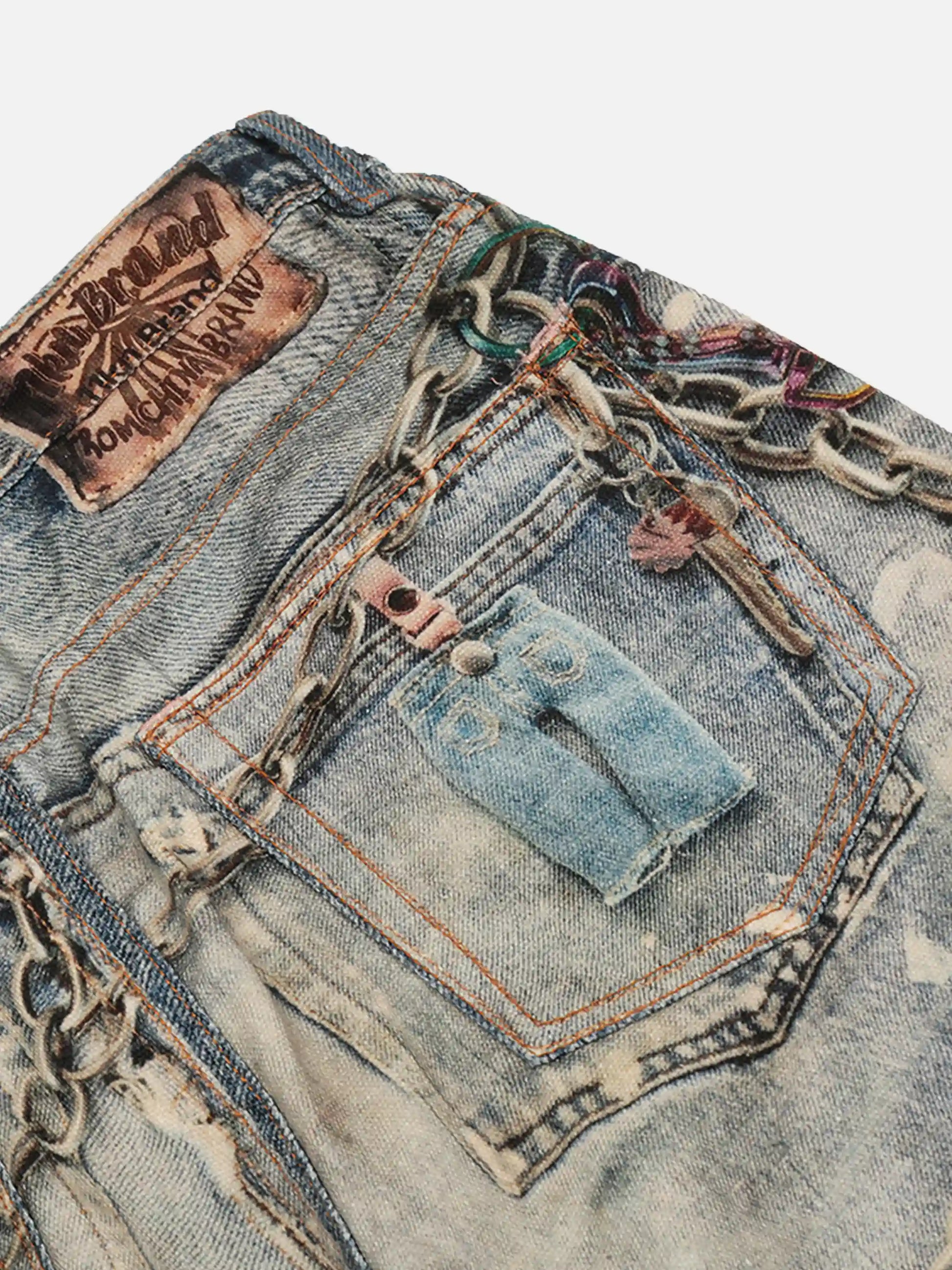 3D Digital Printed Chain Straight Jeans