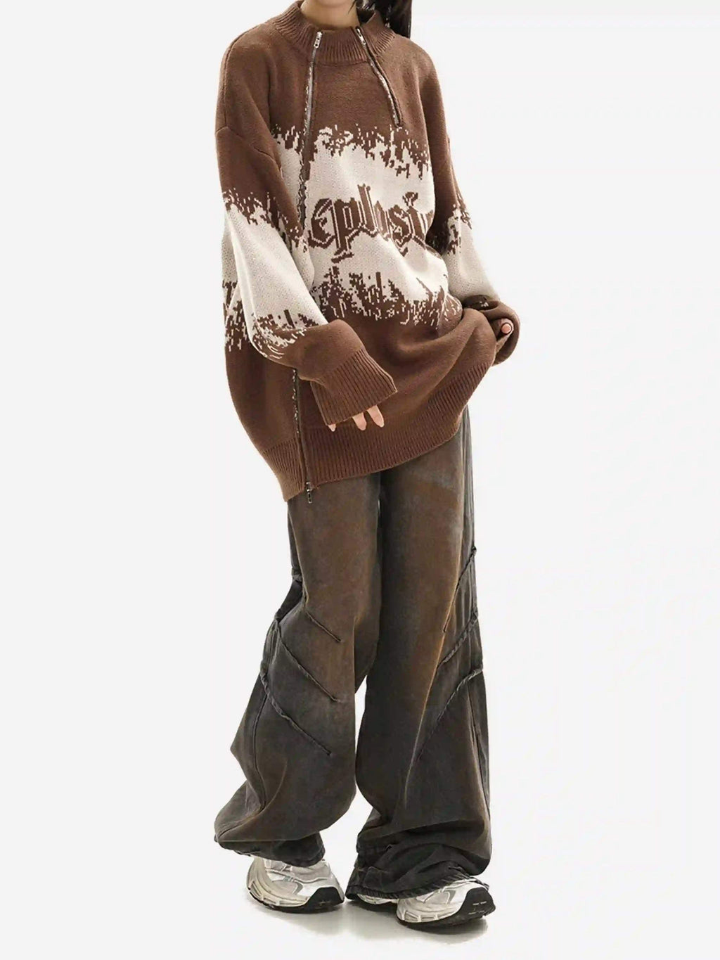 Disguisen Asymmetric Jacquard Stitching With Two-Way Zipper Sweater