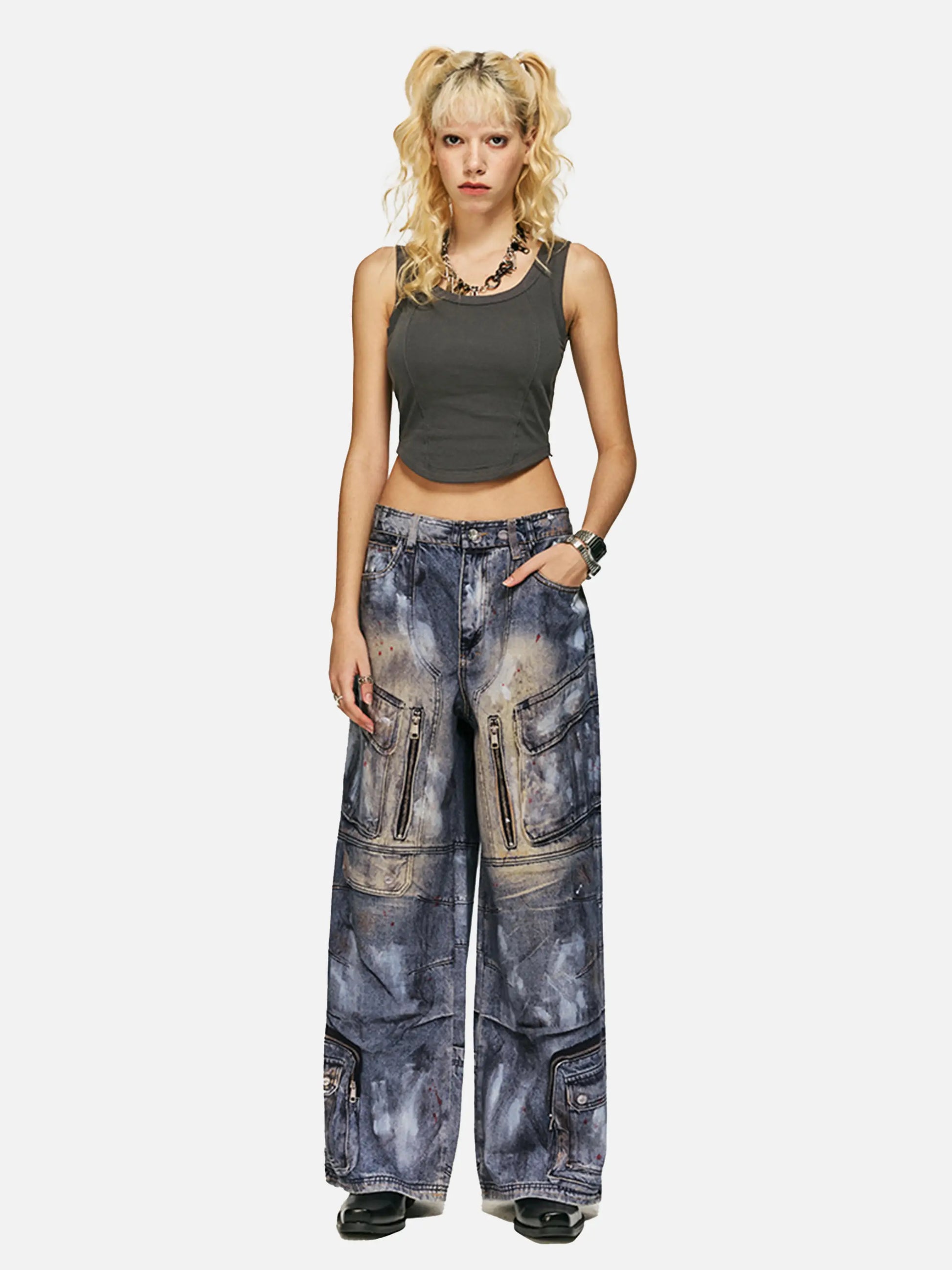 Multi-Pocket Dirty Overalls Jeans