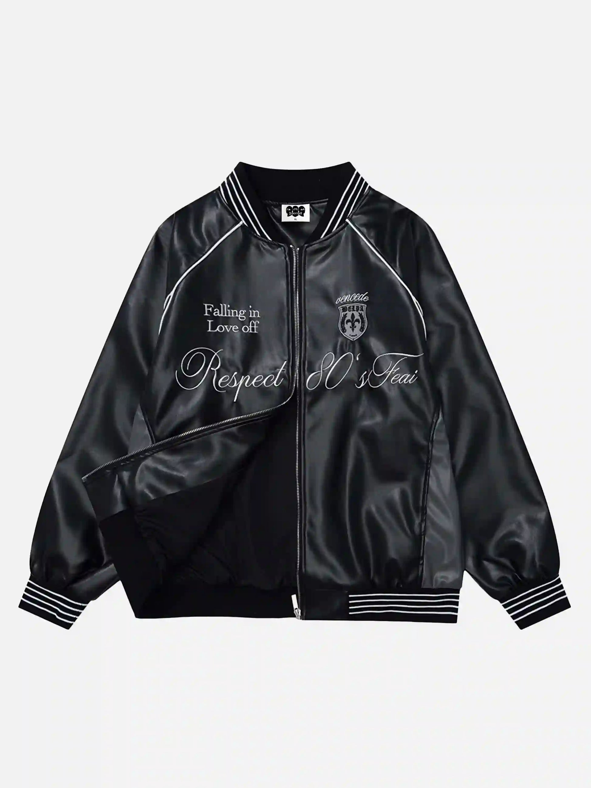 Disguisen Letter Embroidery Colorblock PU Leather Jacket