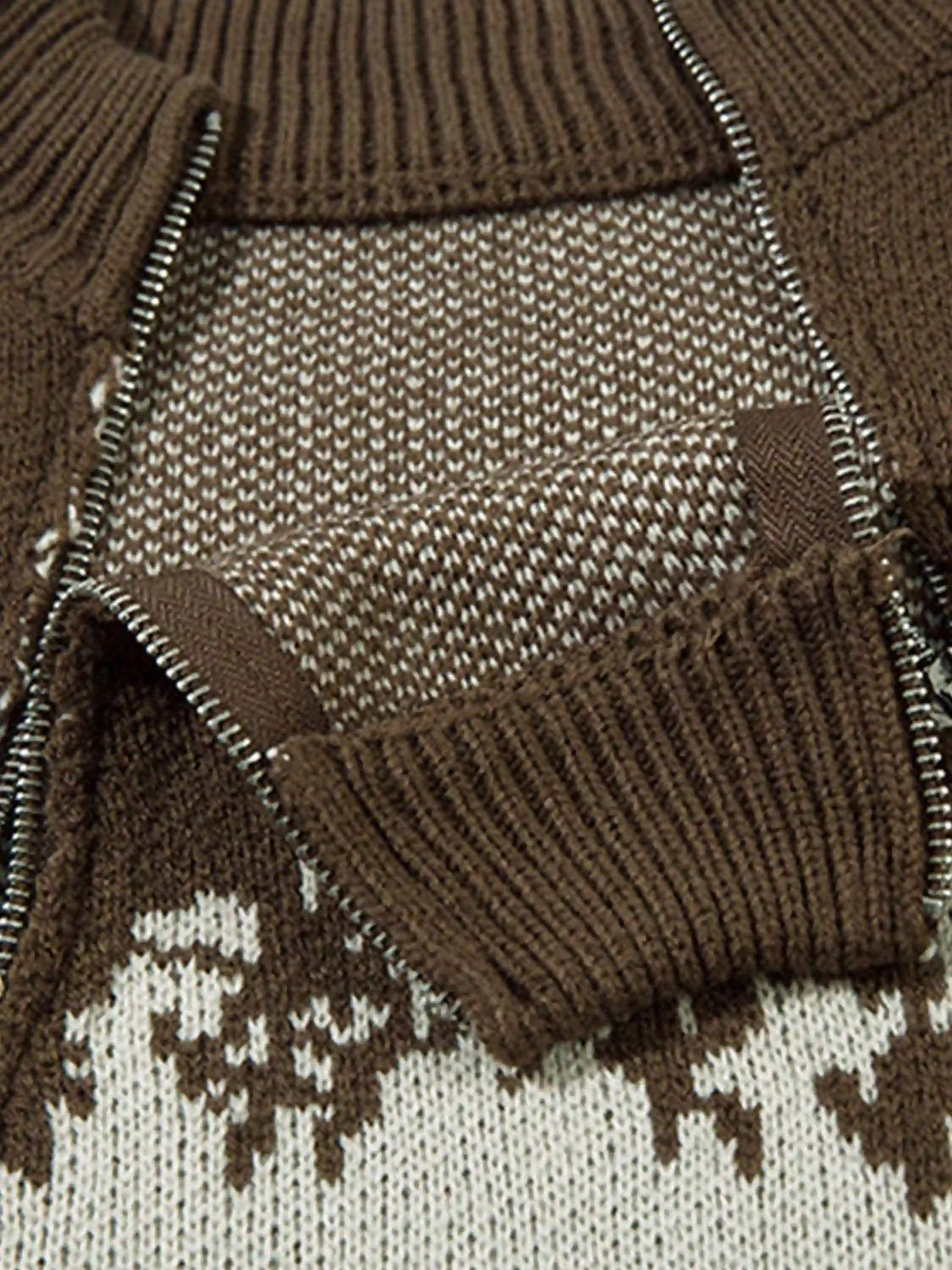 Disguisen Asymmetric Jacquard Stitching With Two-Way Zipper Sweater
