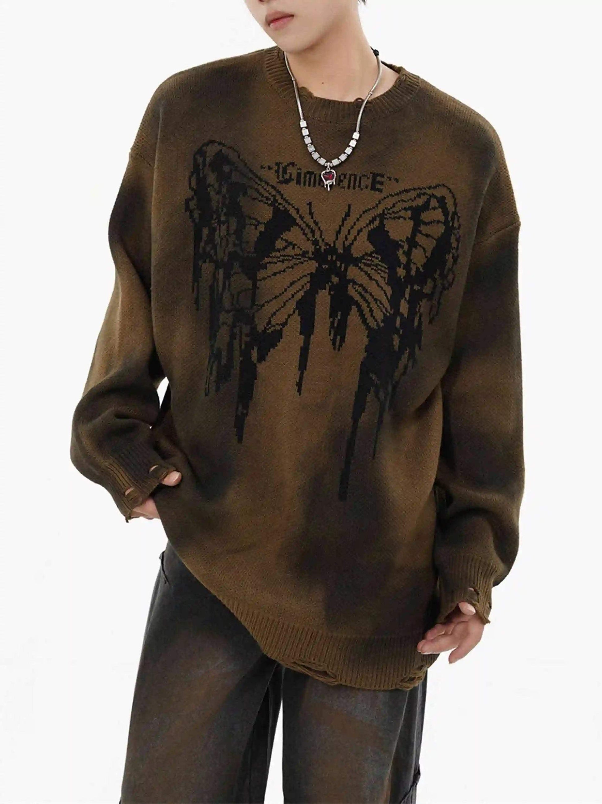 Disguisen Hip-Hop Lazy Style Butterfly Jacquard Ripped Sweater