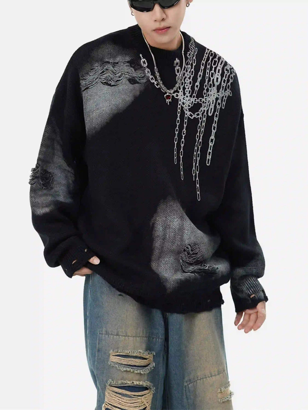 Disguisen High Street Spray Painted Distressed Dirty Chain Round Neck Sweater