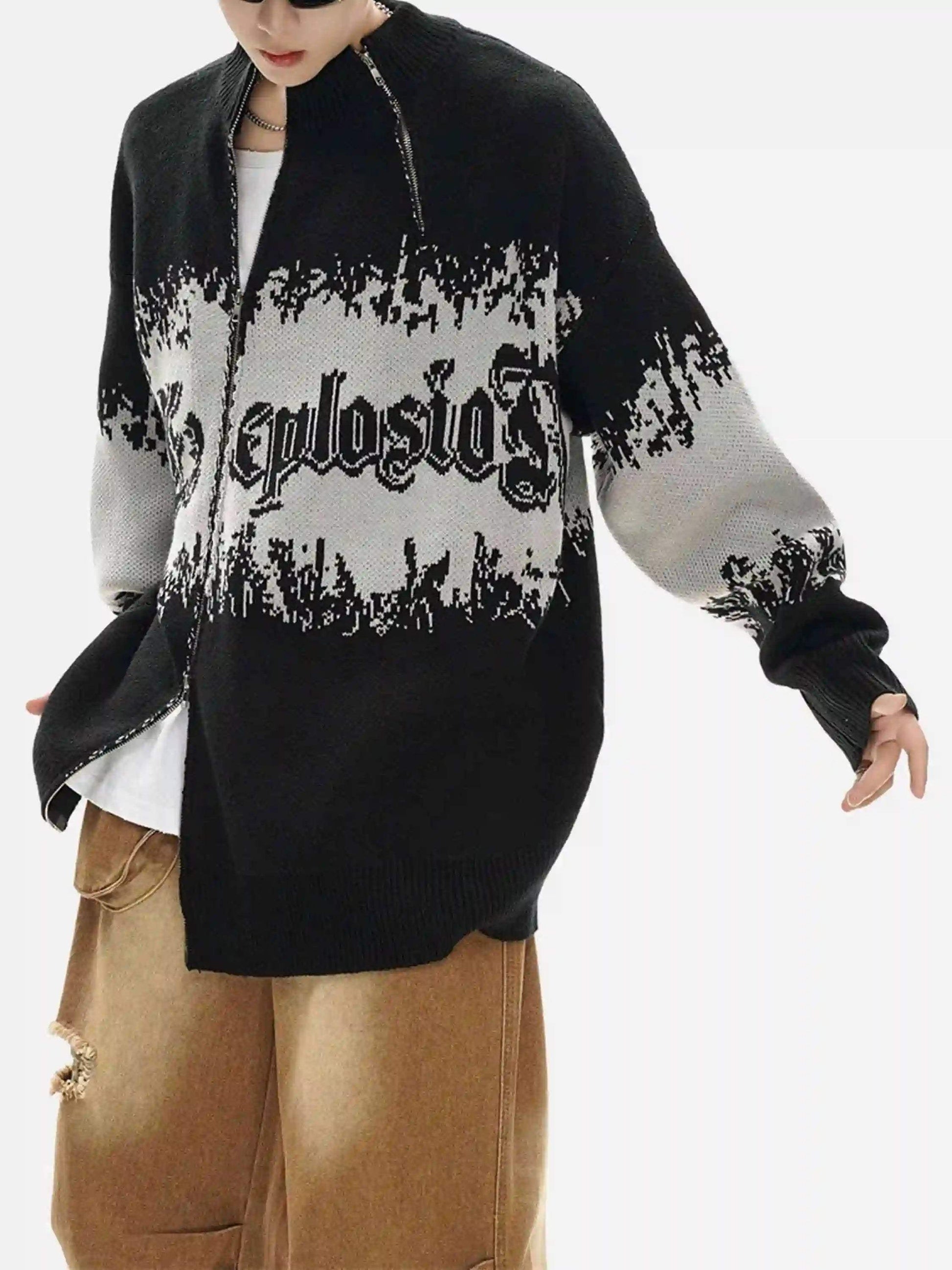 Disguisen Asymmetric Jacquard Stitching With Two-Way Zipper Sweater