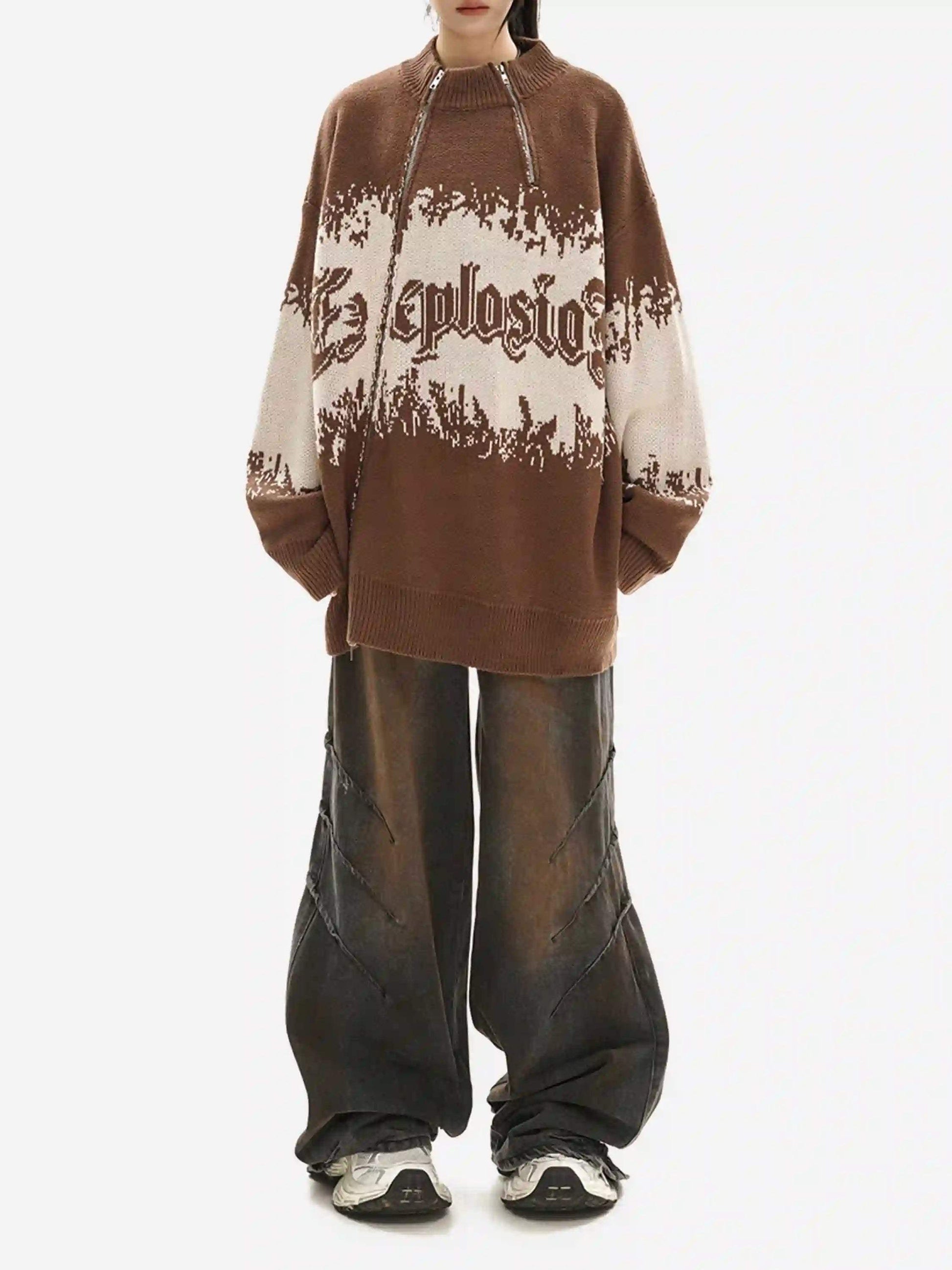 Disguisen Asymmetric Jacquard Stitching With Two-Way Zipper Sweater