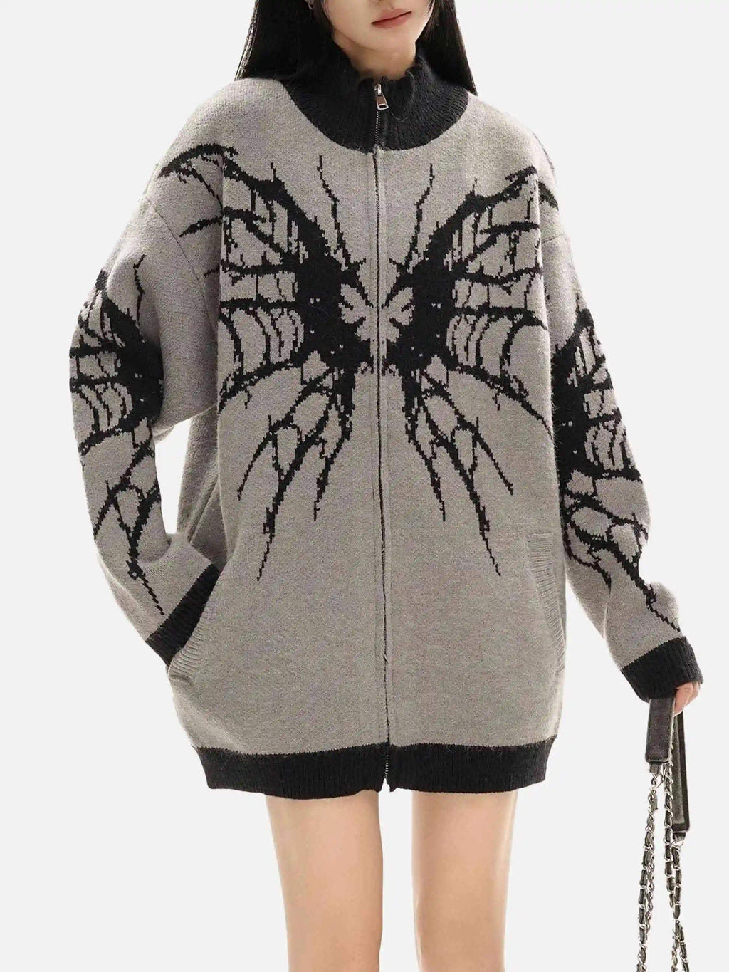 Disguisen Dark Spider Web Zipper Stand Collar Cardigan
