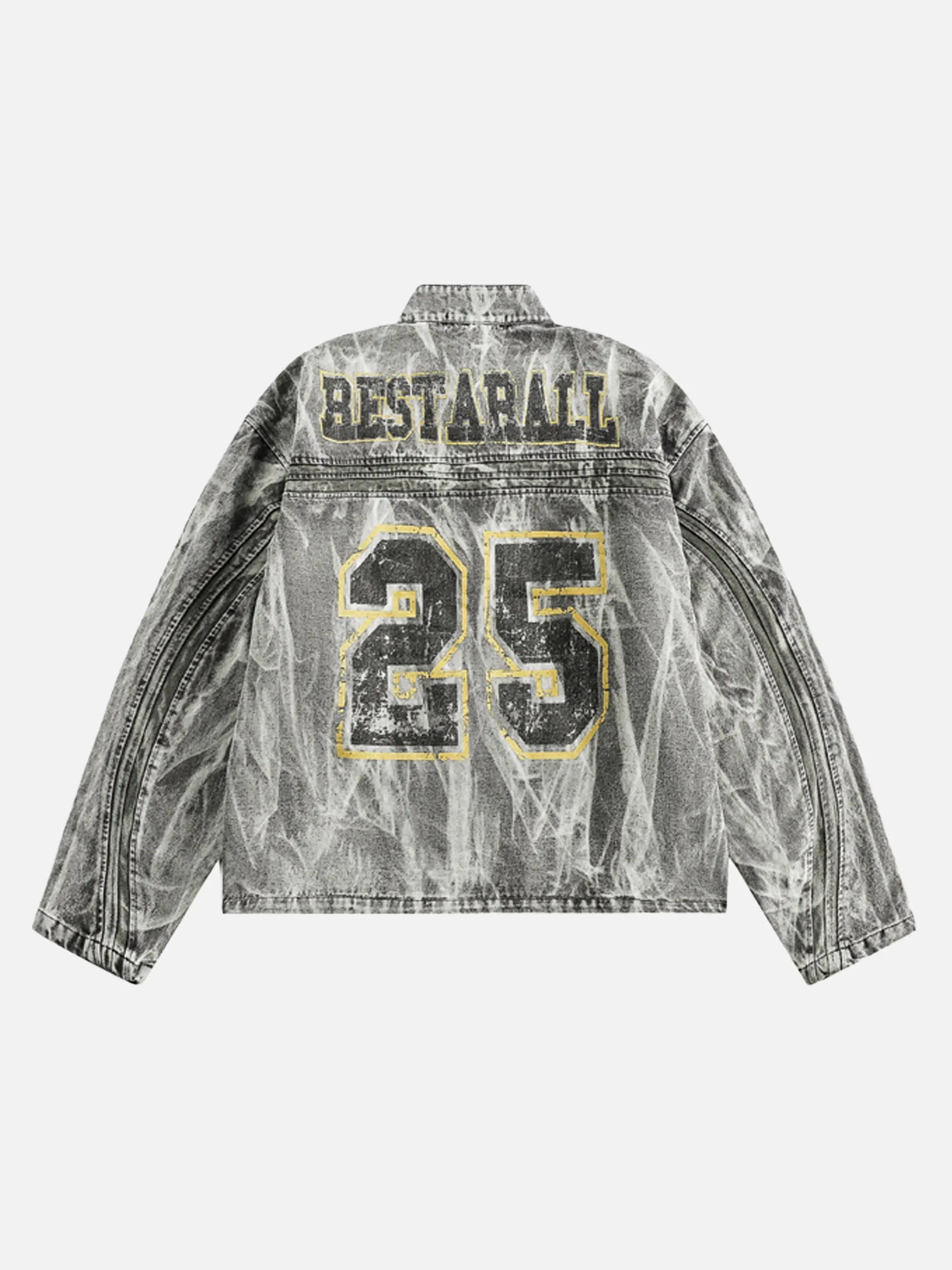 Vintage Racing Distressed Print Zip-up Collar Jacket