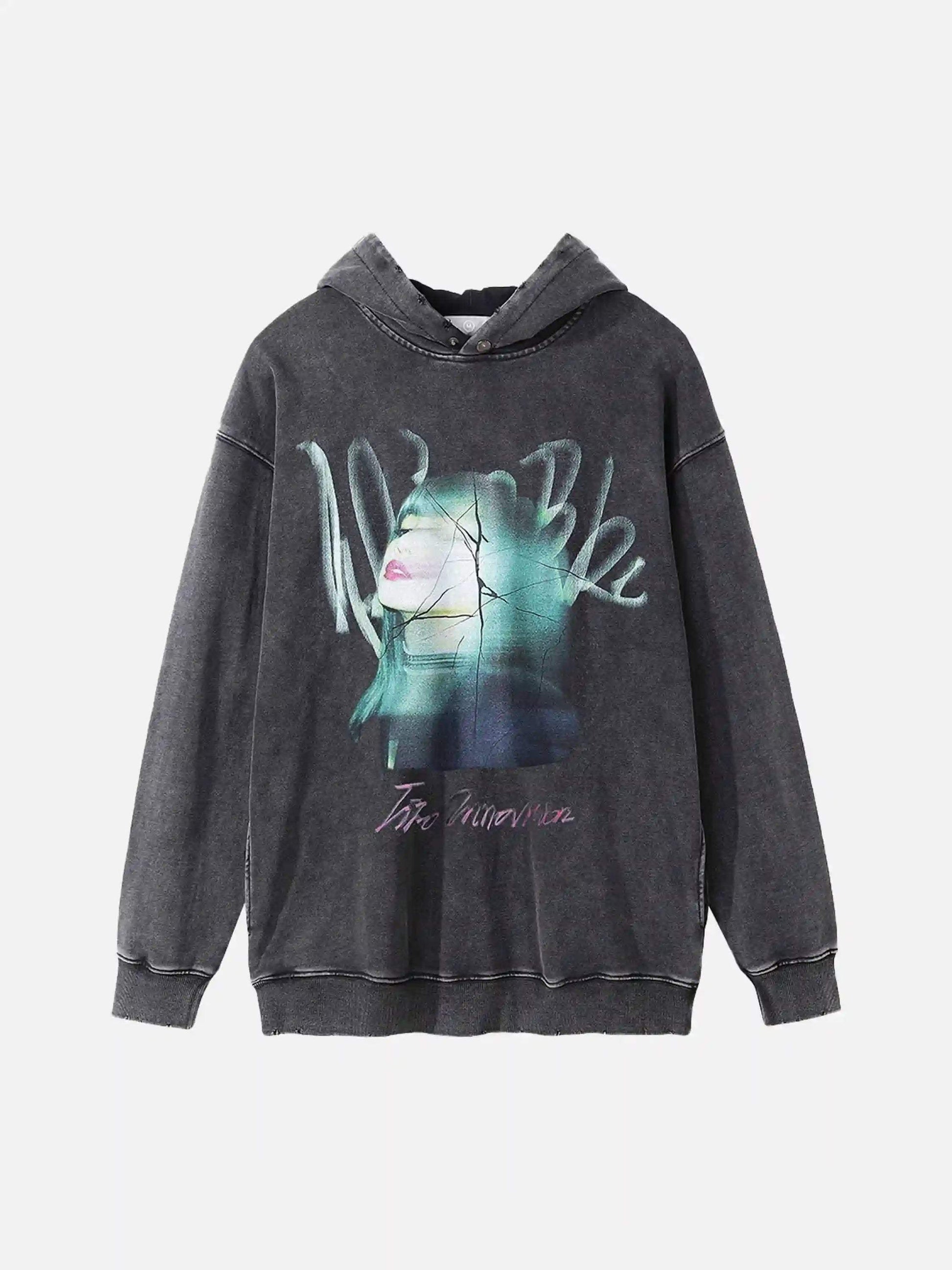 Disguisen Character Portrait Old Hip-Hop Loose Worn Hoodie