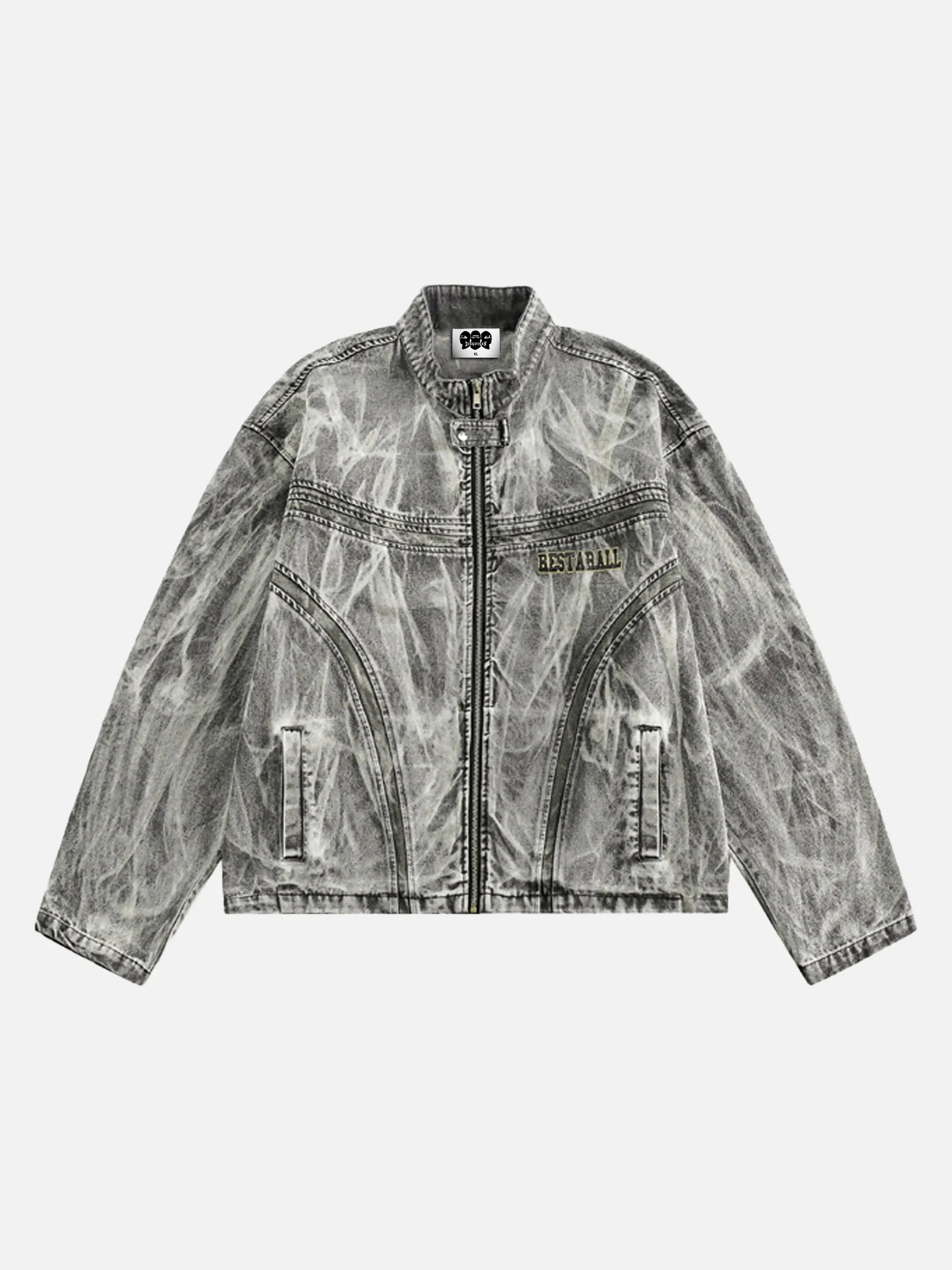 Vintage Racing Distressed Print Zip-up Collar Jacket