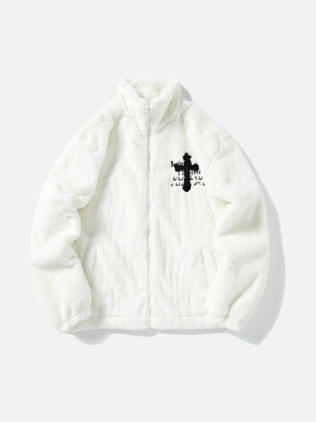Cross Embroidered Sherpa Stand Collar Coat