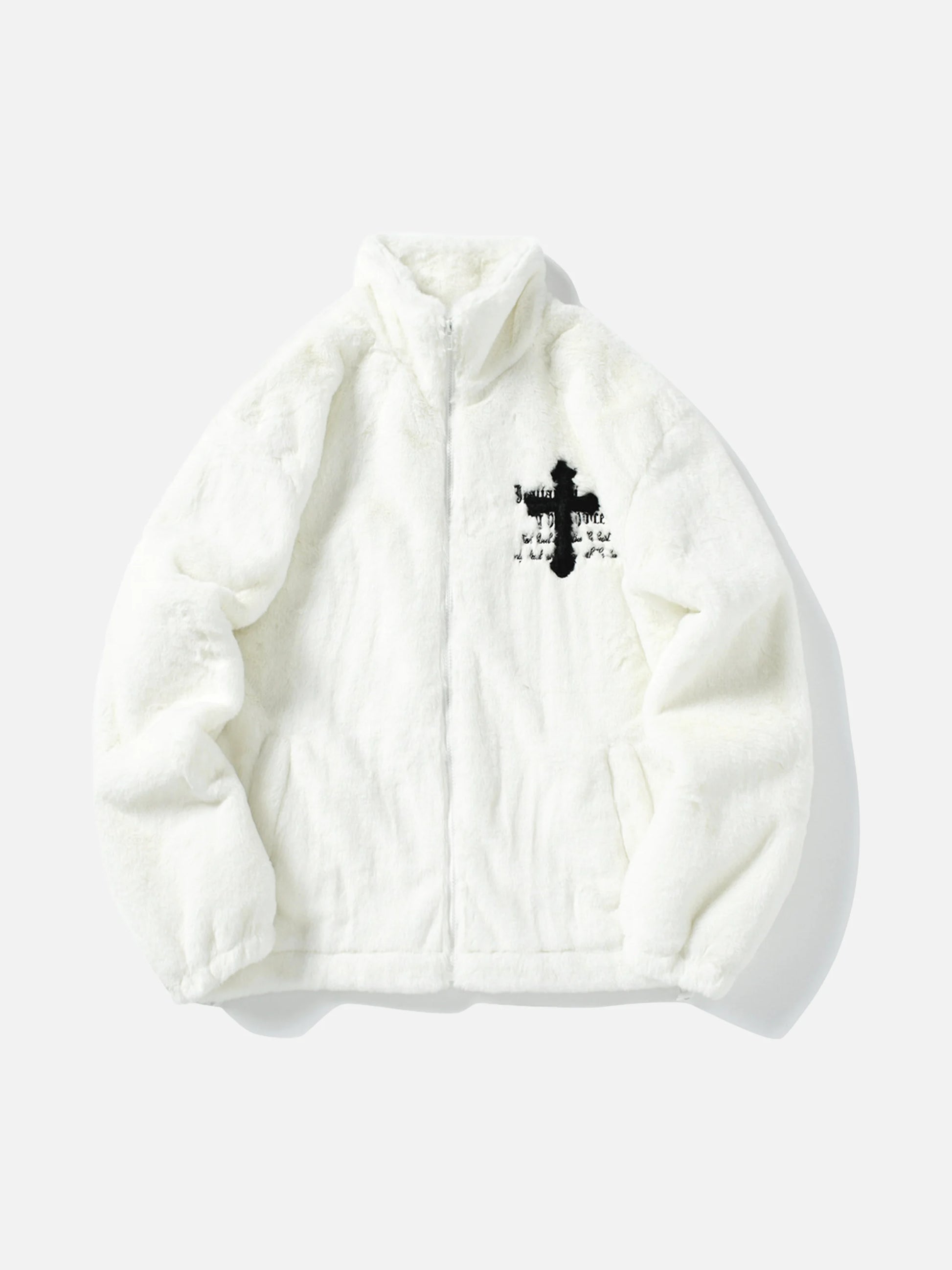 Cross Embroidered Sherpa Stand Collar Coat