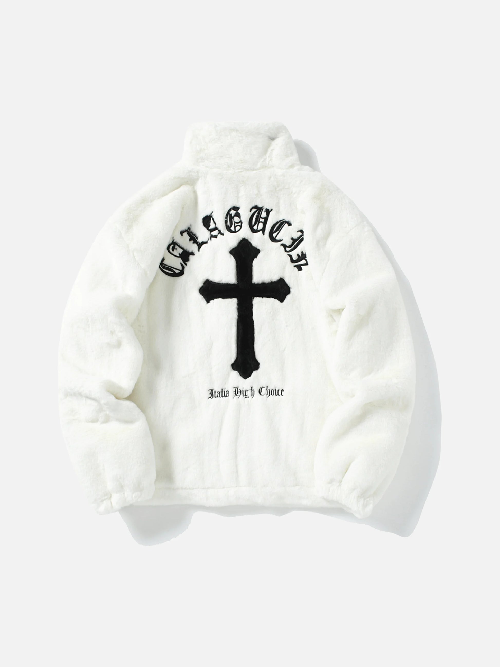 Cross Embroidered Sherpa Stand Collar Coat