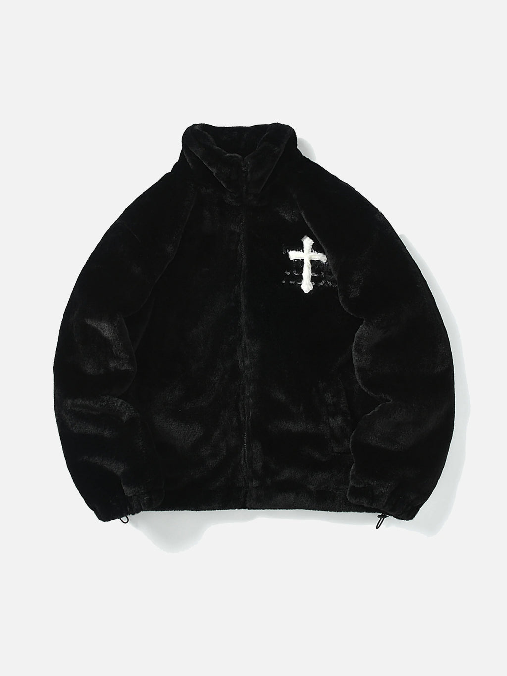 Cross Embroidered Sherpa Stand Collar Coat