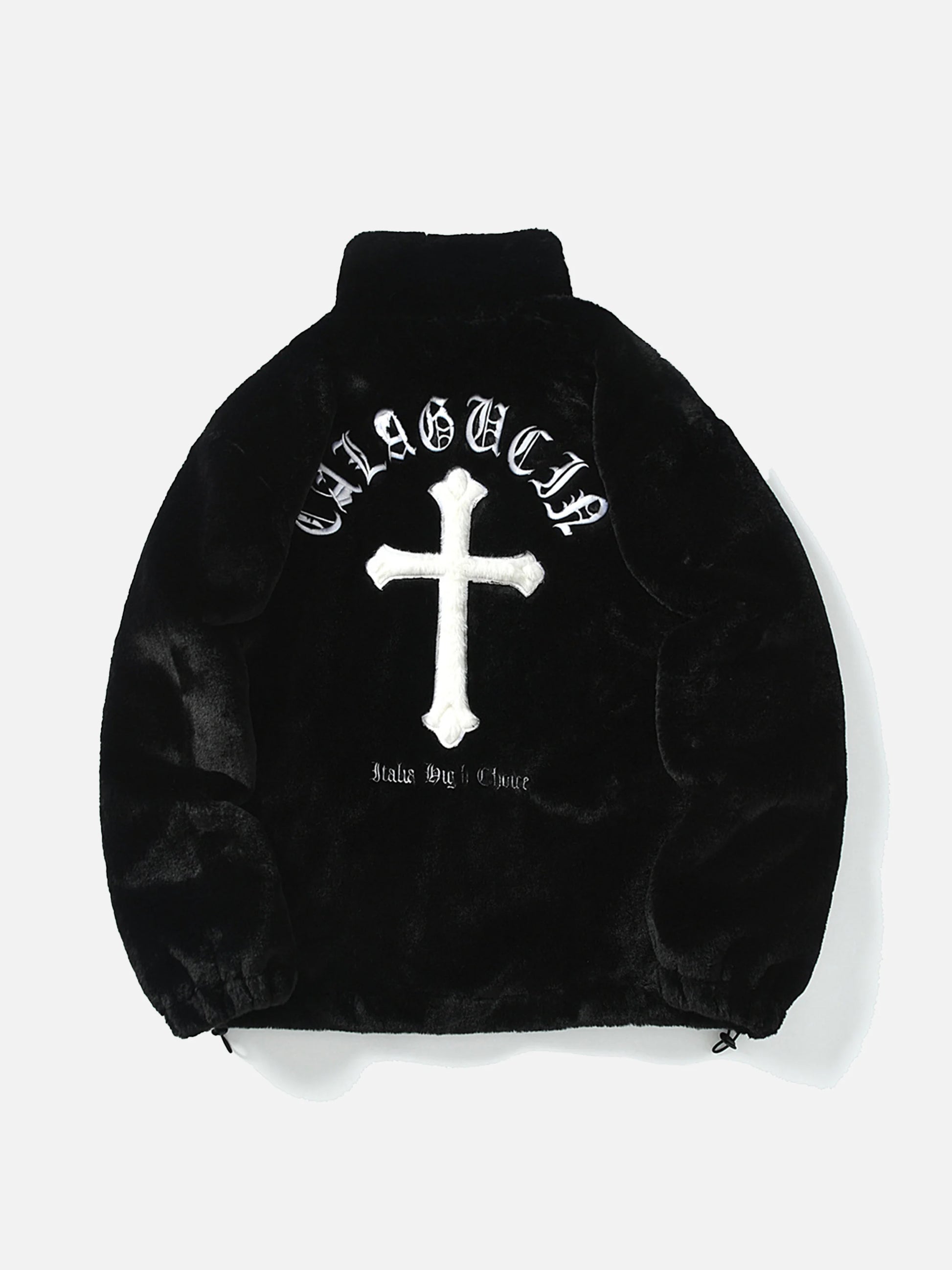 Cross Embroidered Sherpa Stand Collar Coat