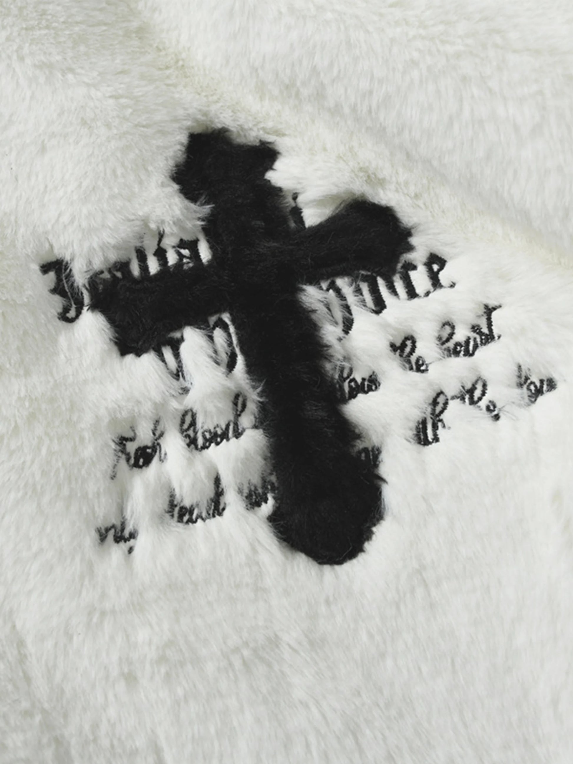 Cross Embroidered Sherpa Stand Collar Coat