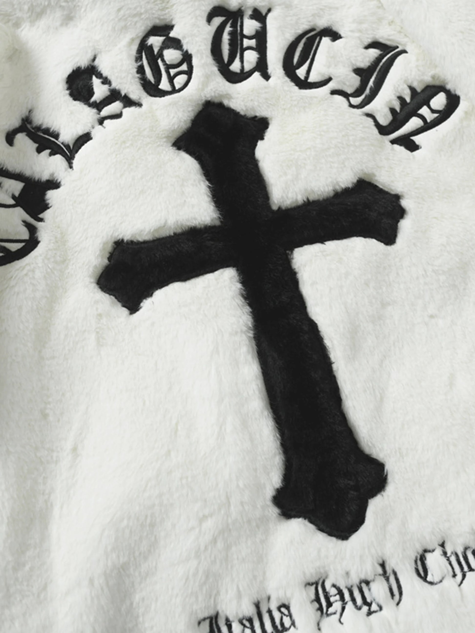 Cross Embroidered Sherpa Stand Collar Coat
