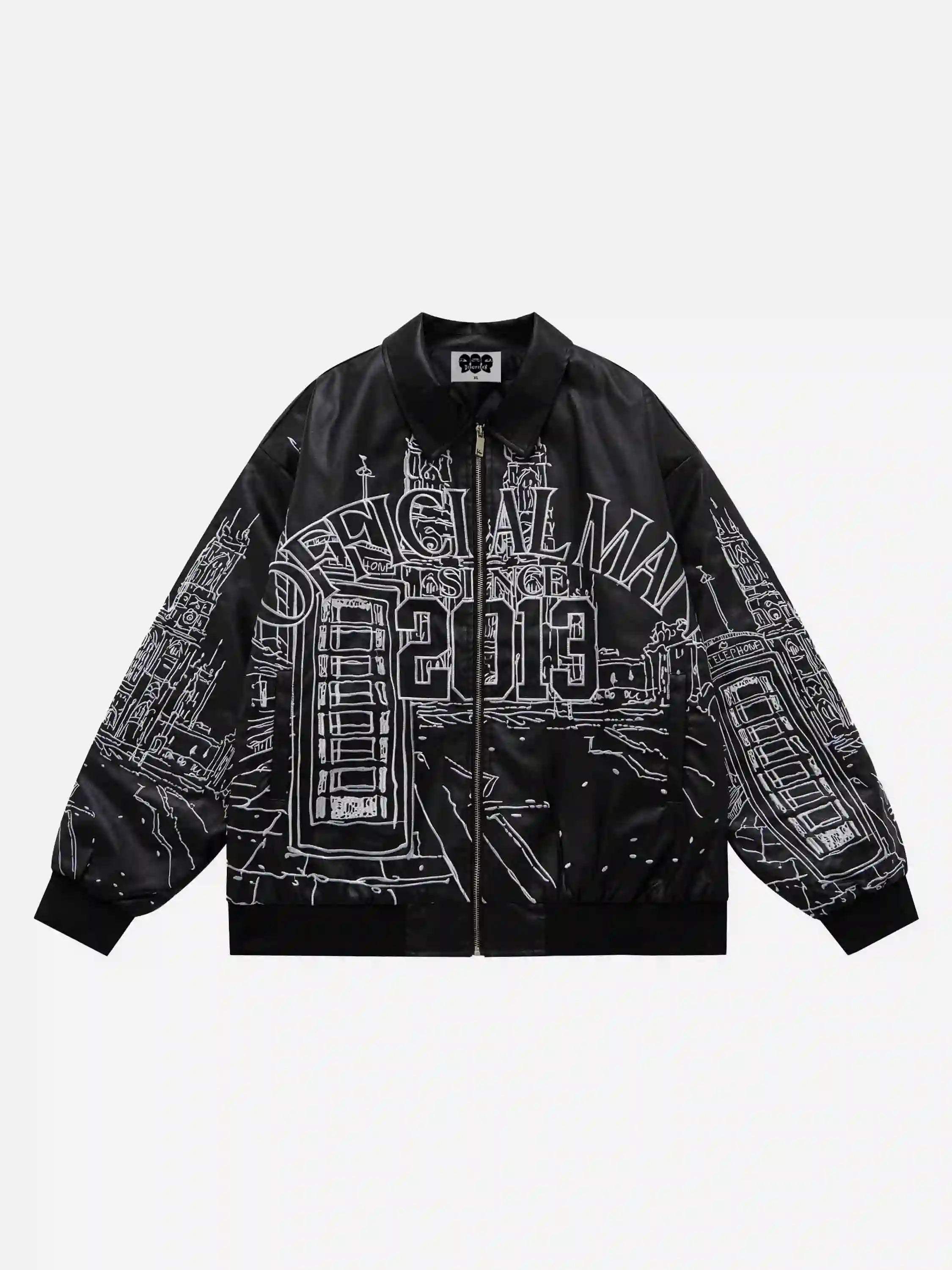 Disguisen Street Architecture Embroidered Leather Jacket