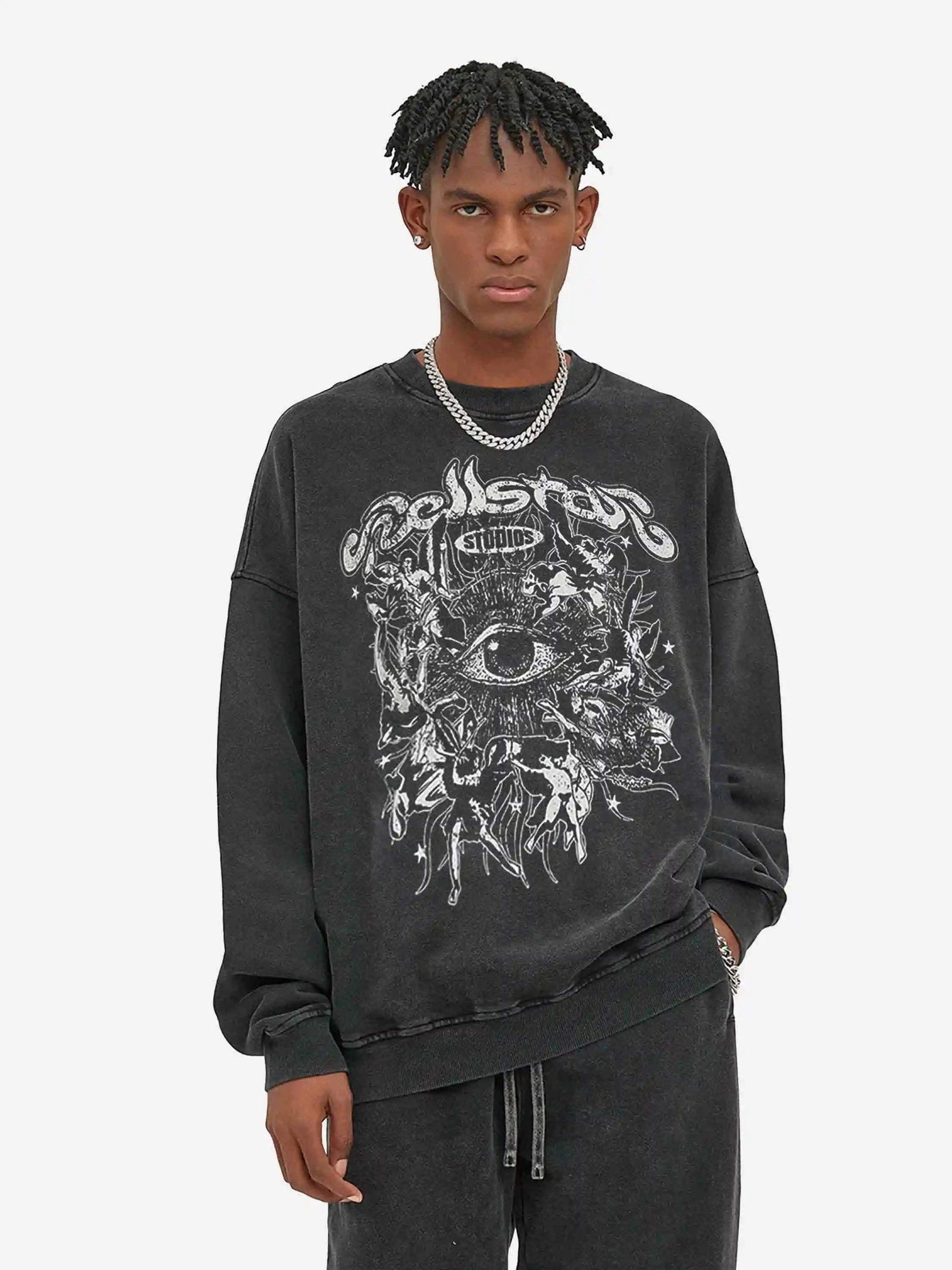 Disguisen Batik Distressed Loose Round Neck Sweatshirt