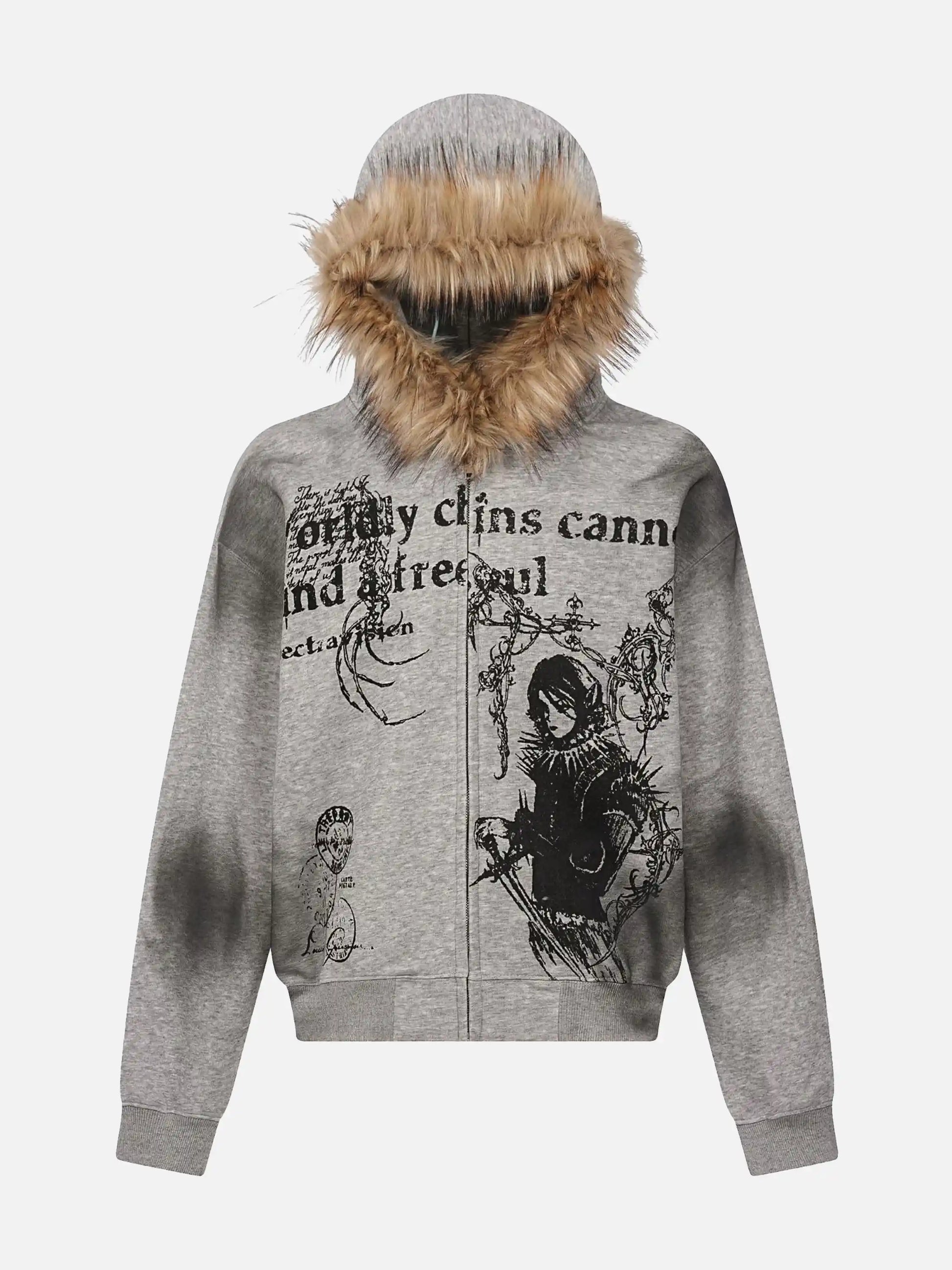 Character Print Fur Collar Zip-Up Hoodie