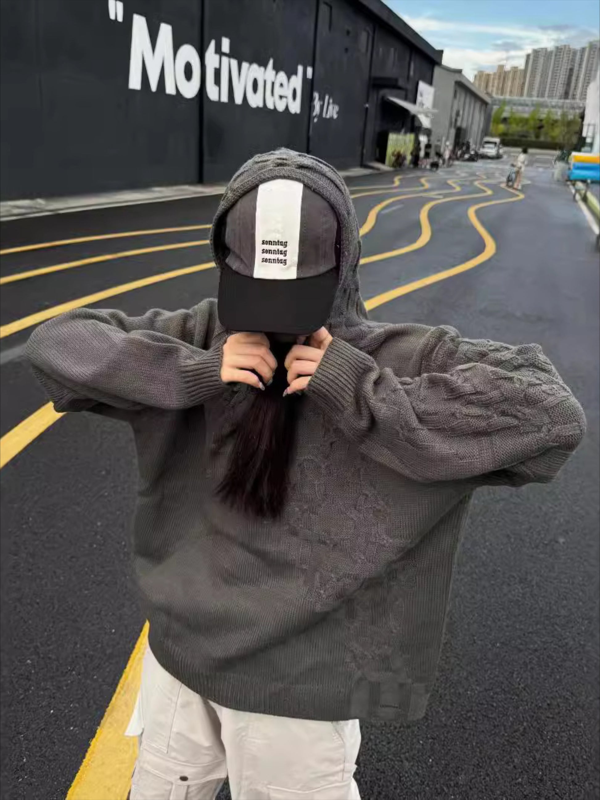 Vintage Asymmetric Woven Knit Hoodie