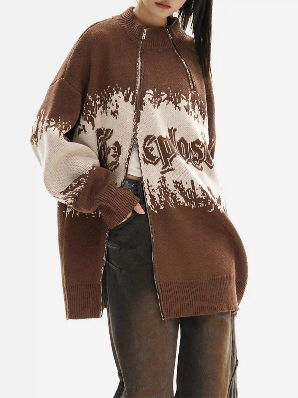 Disguisen Asymmetric Jacquard Stitching With Two-Way Zipper Sweater