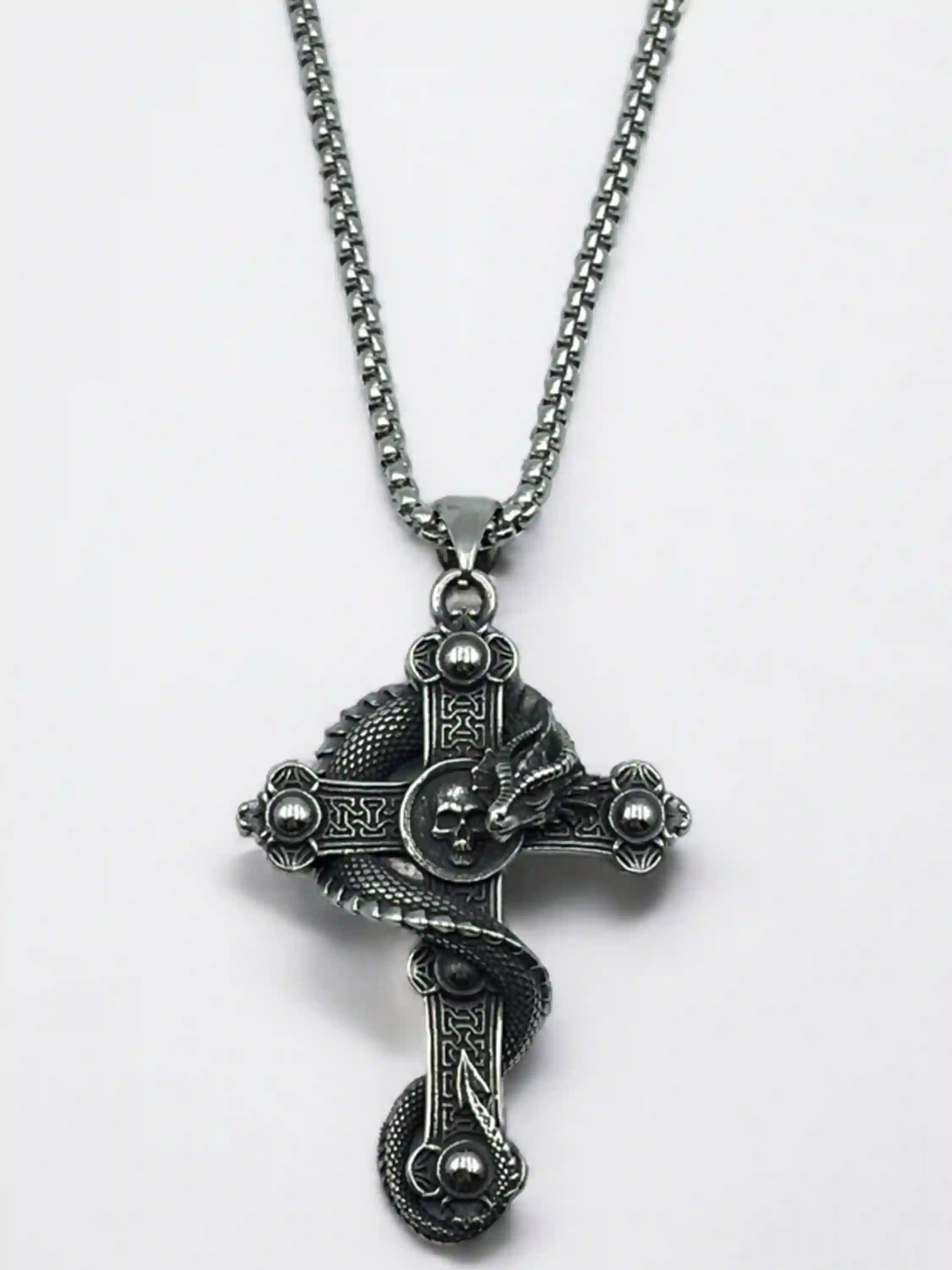Skull Cross Coiled Dragon Pendant Necklace
