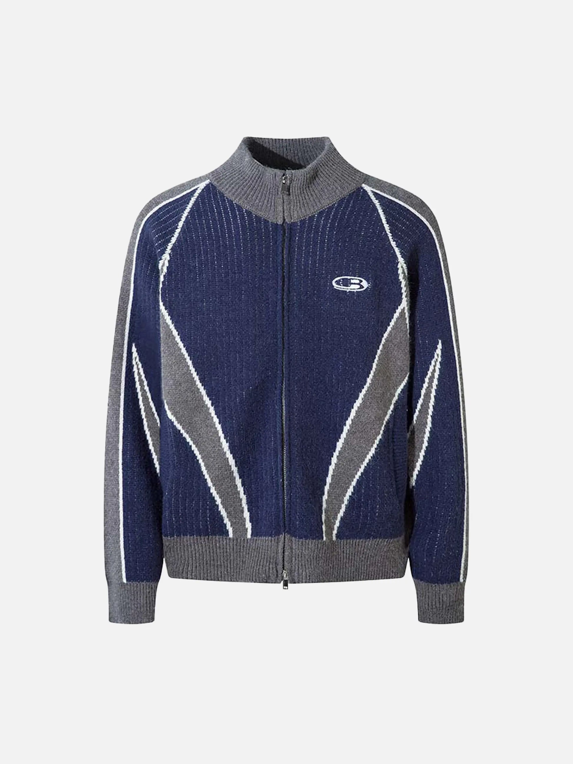 Cardigan à col montant en patchwork vintage de couleur contrastée