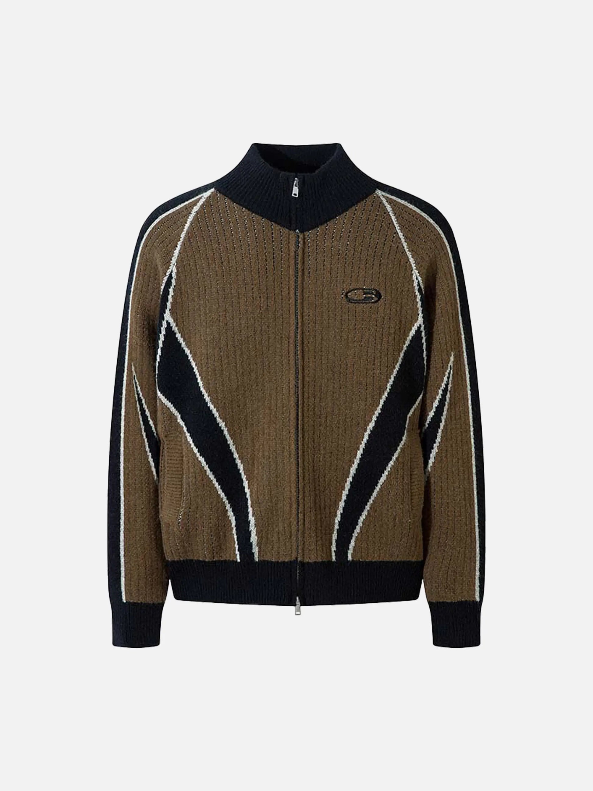 Cardigan à col montant en patchwork vintage de couleur contrastée