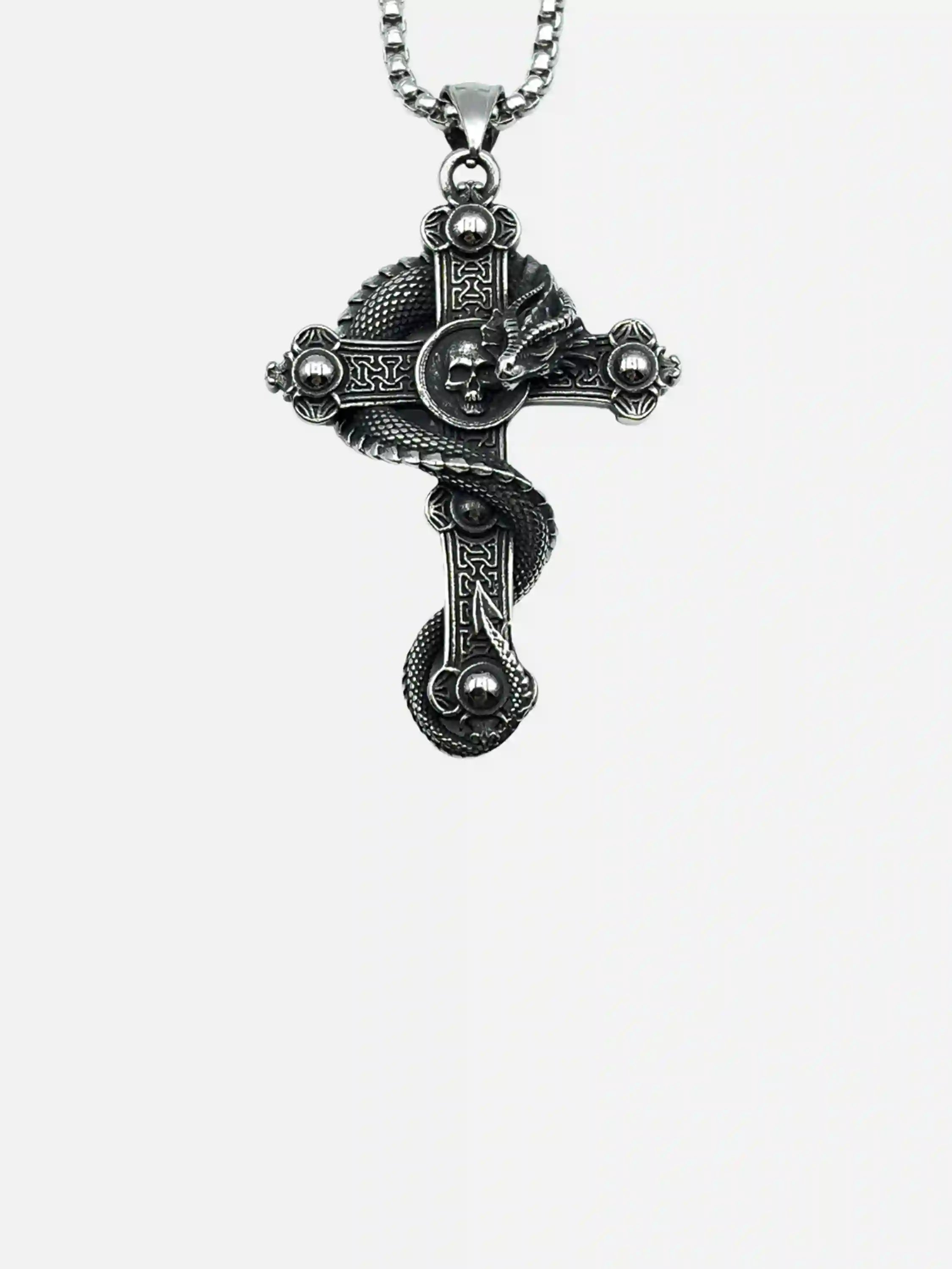 Skull Cross Coiled Dragon Pendant Necklace