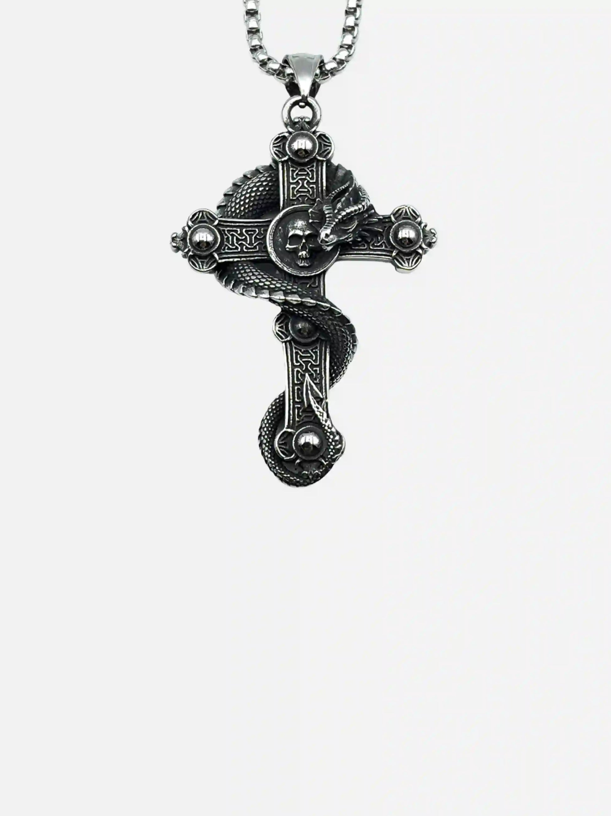 Skull Cross Coiled Dragon Pendant Necklace