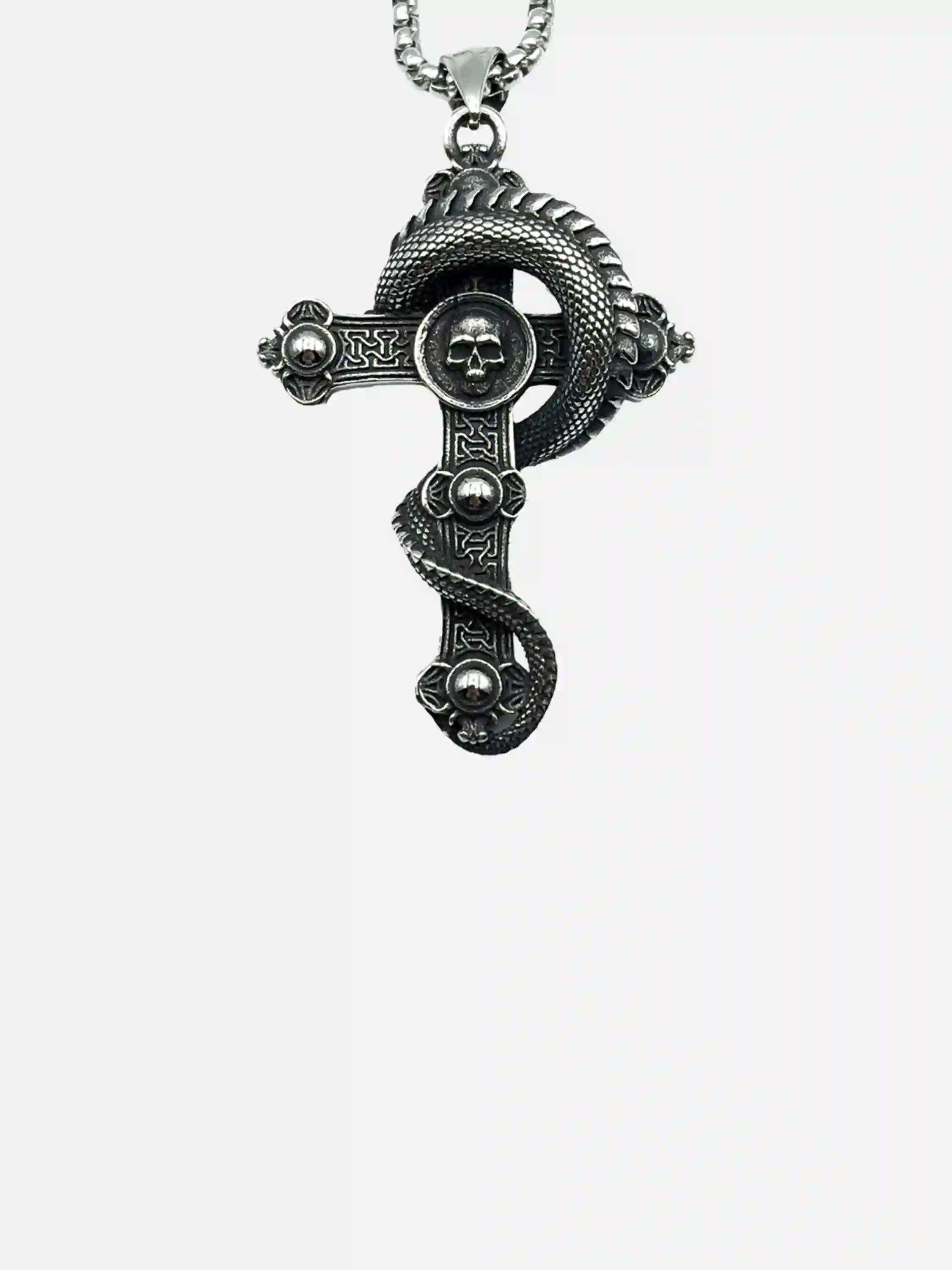 Skull Cross Coiled Dragon Pendant Necklace