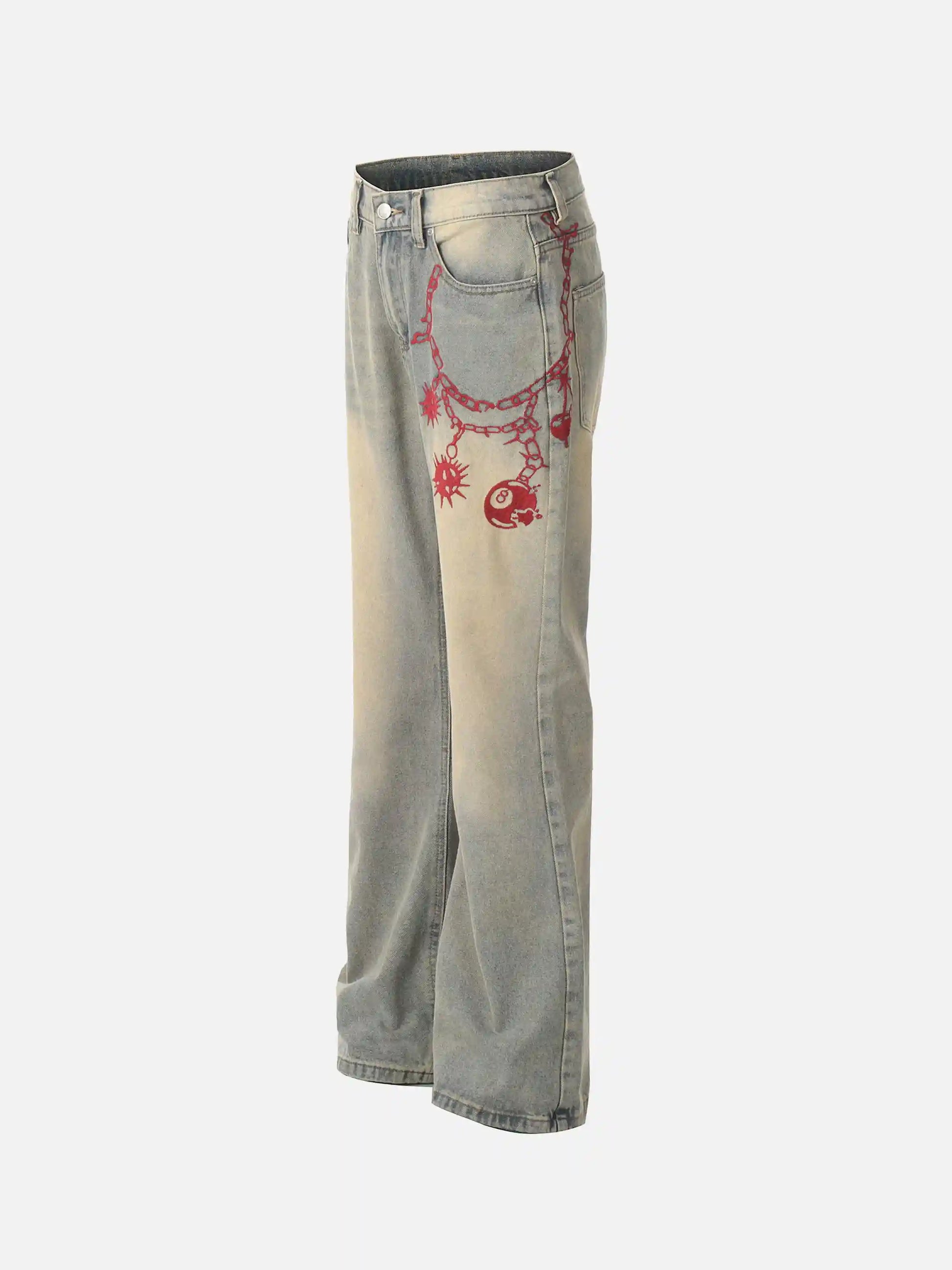 Disguisen American Retro Hip-Hop Chain Embroidery Jeans