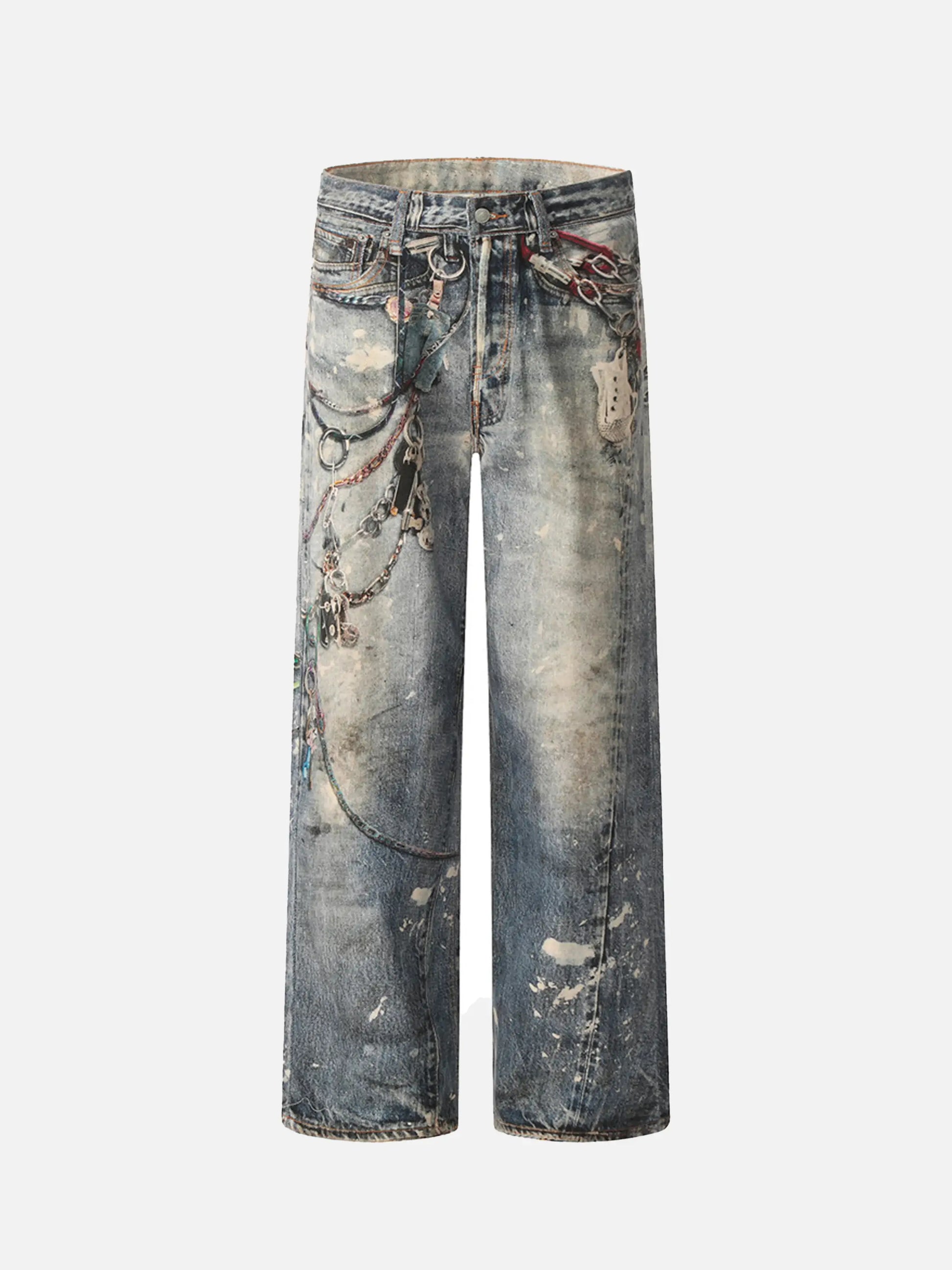 3D Digital Printed Chain Straight Jeans