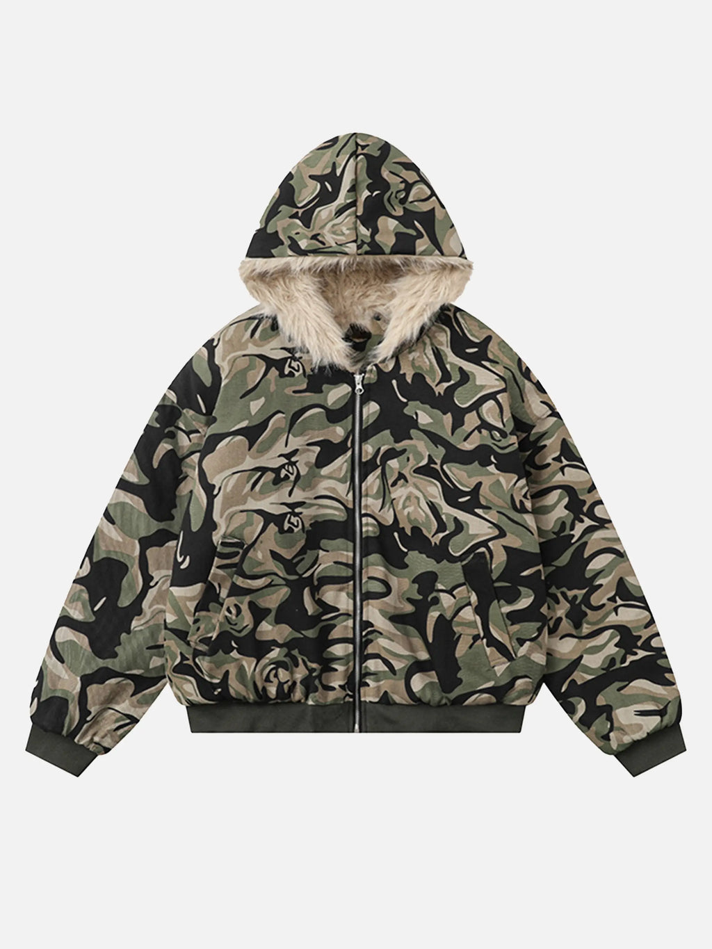Camouflage Fur Zipper Hoodie