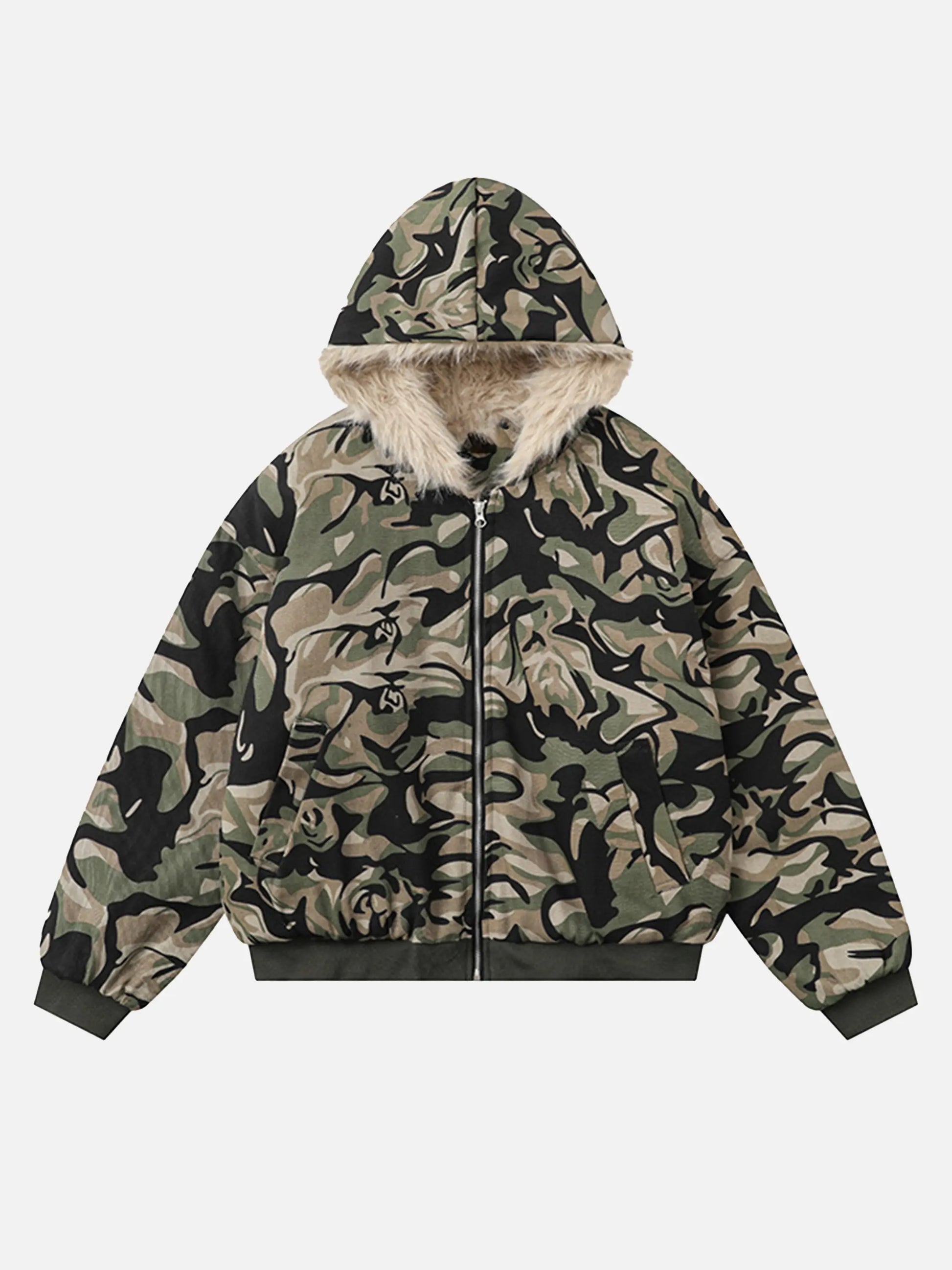Camouflage Fur Zipper Hoodie